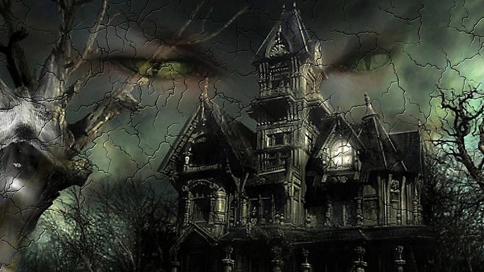 Spookkasteel vir Halloween met 'n Vintage-tema Muurpapier