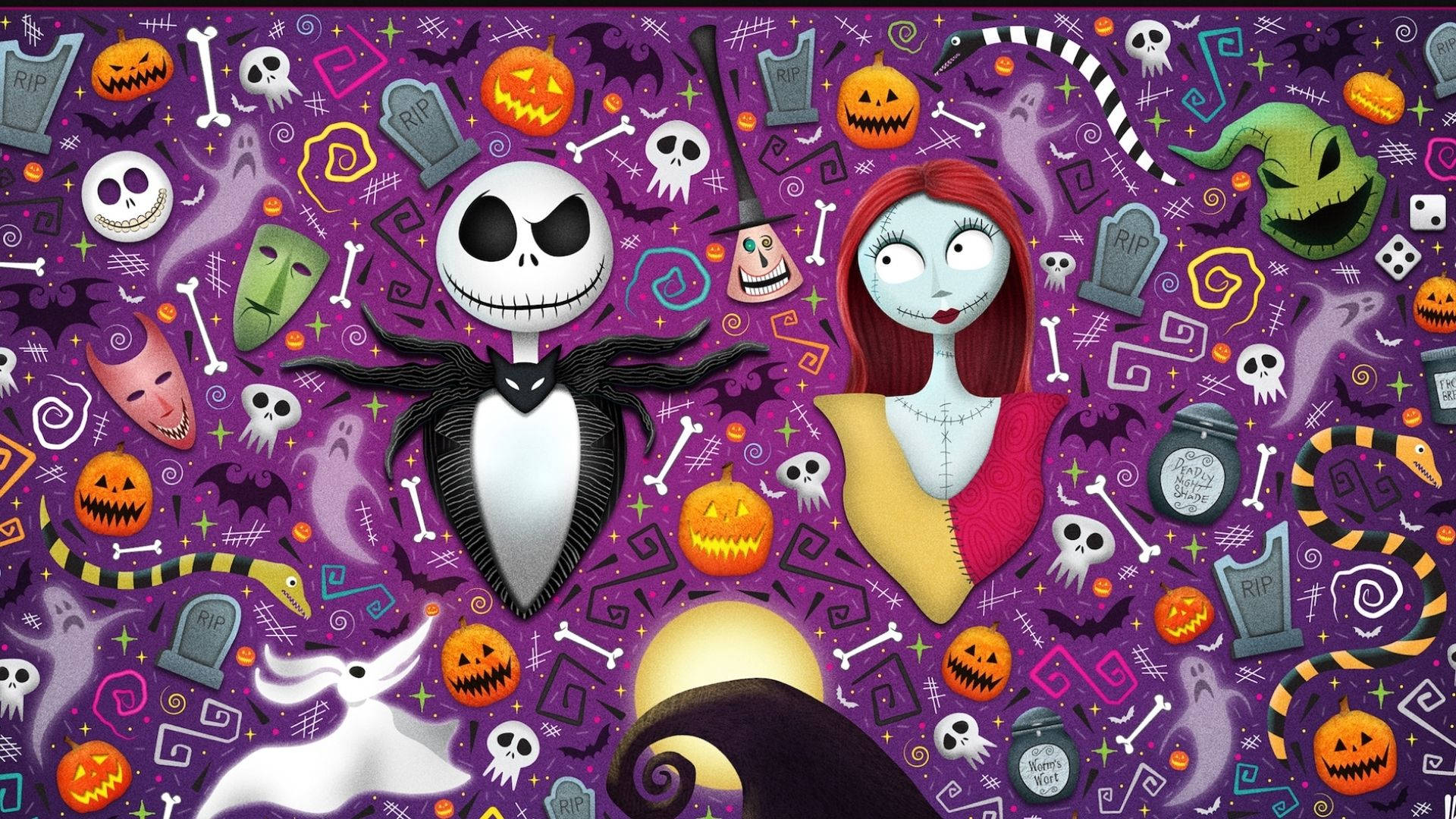 Spotprent Halloween Jack Skellington en Sally Muurpapier