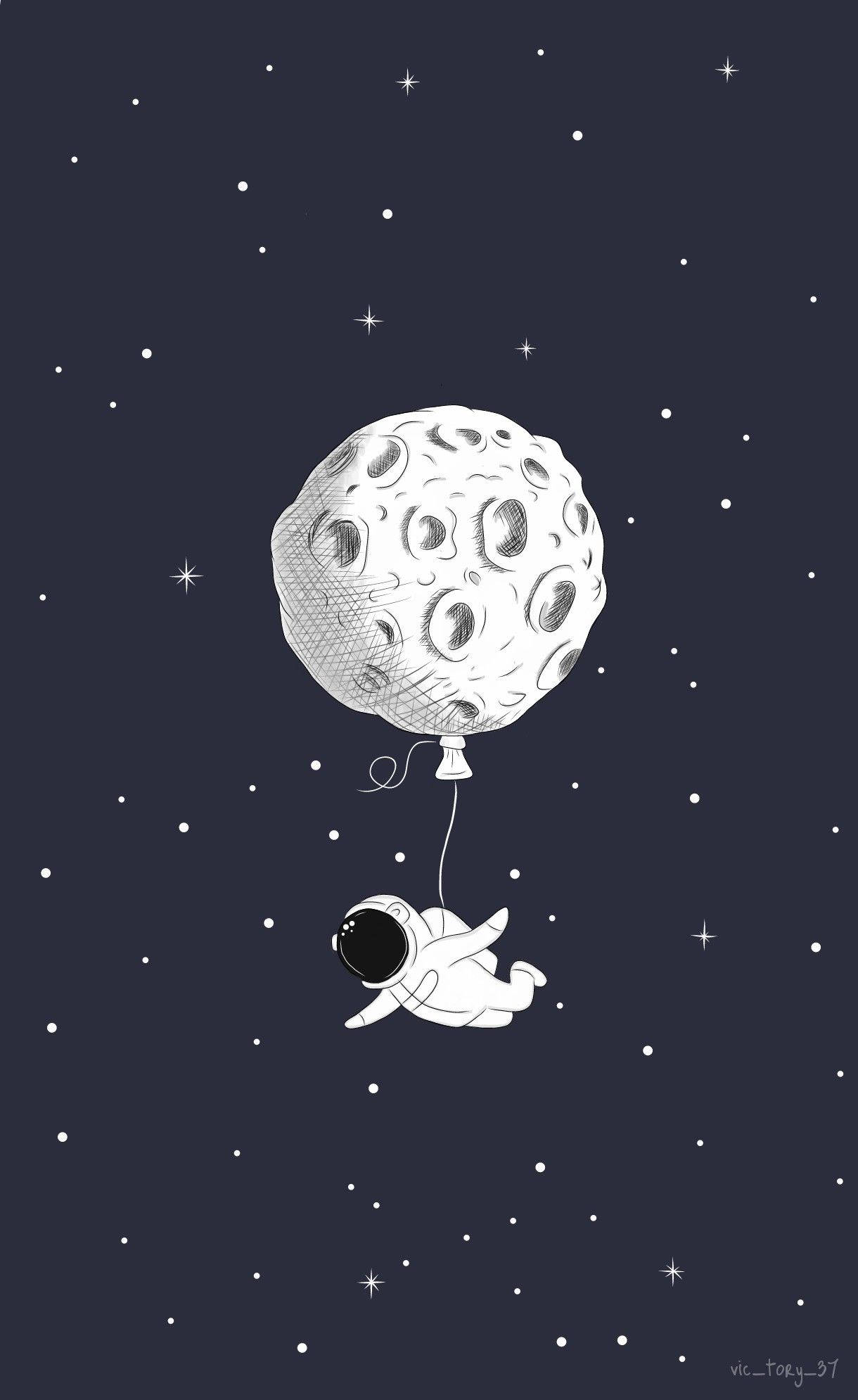 Spotprent-ruimtevaarder en 'n Maanballon Muurpapier