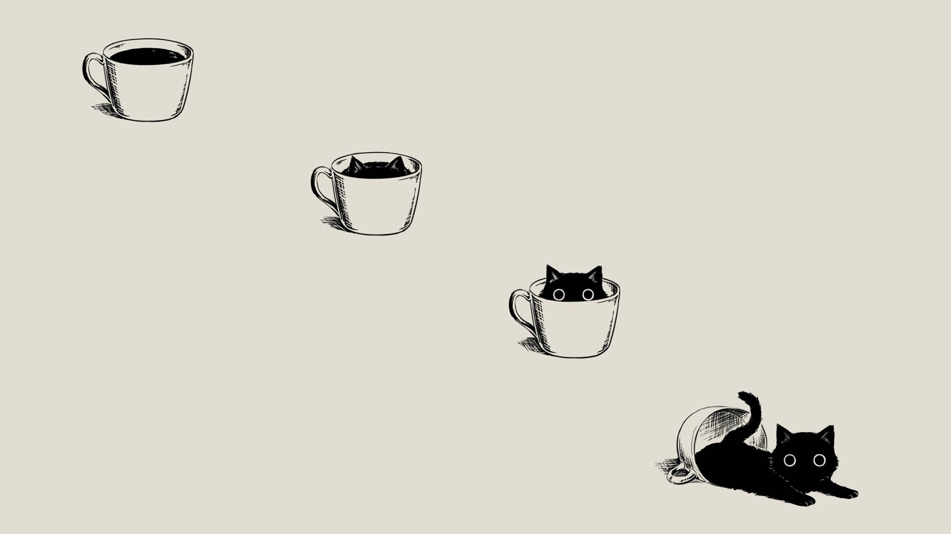 Spotprentkat wat oor die lewe dink op 'n koffiebeker Muurpapier