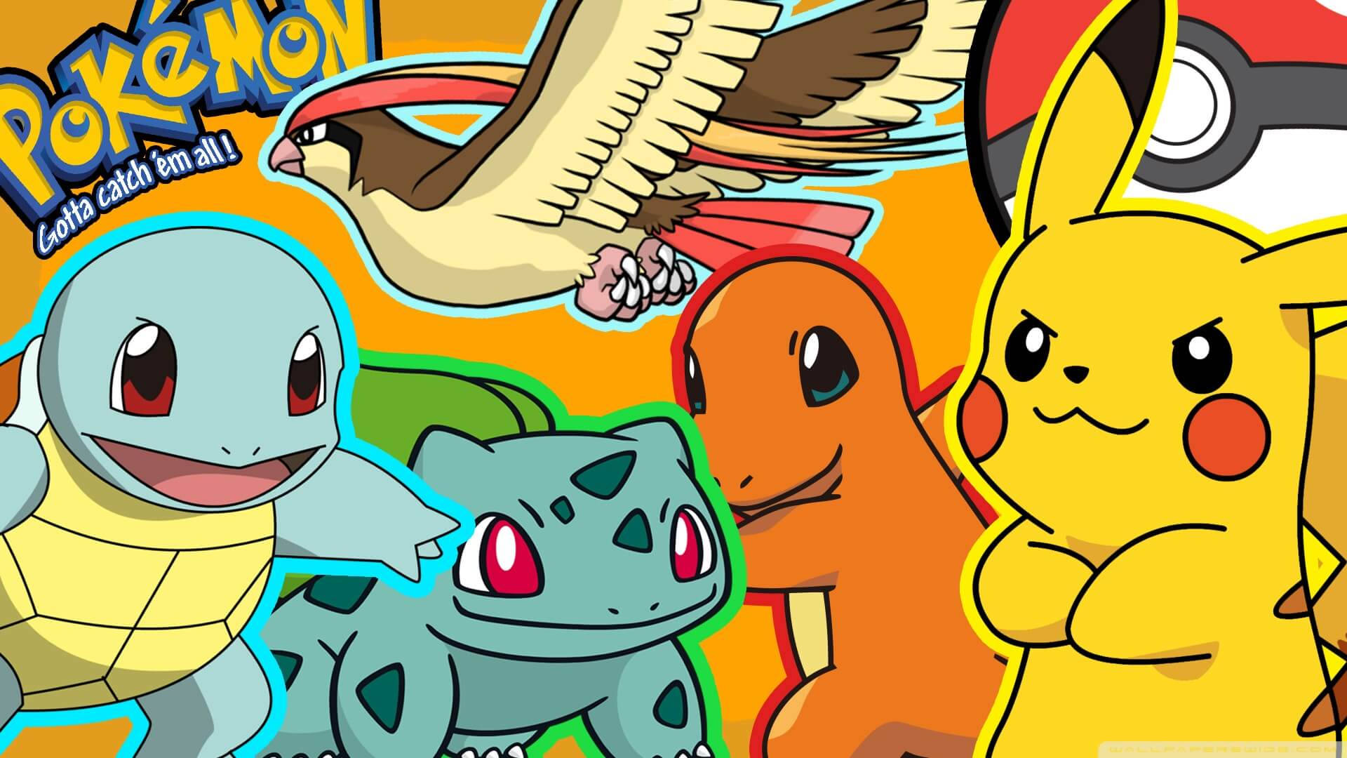 Squirtle, Bulbasaur, Charmander, Pikachu in Pokémon Muurpapier
