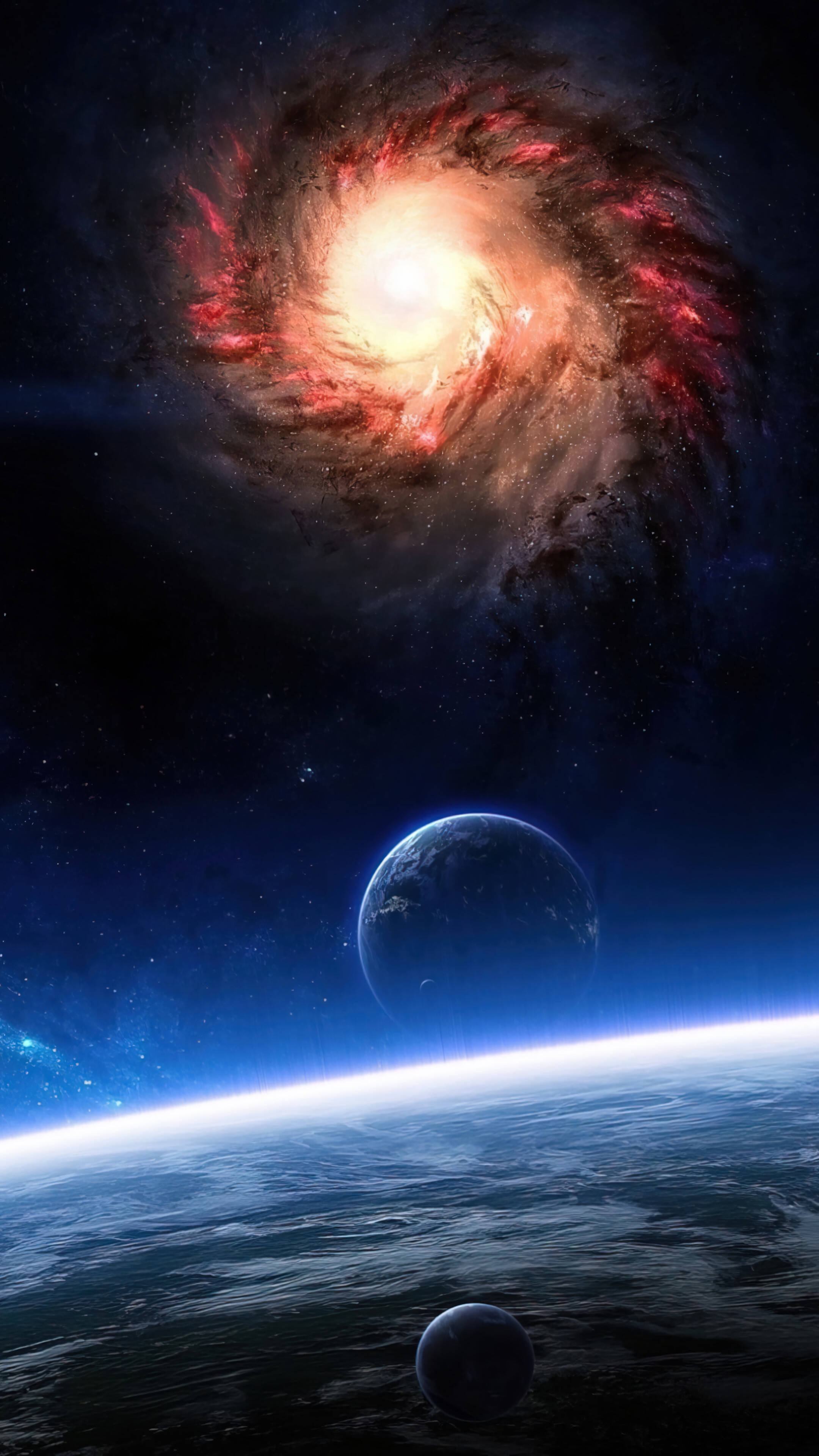 Sterrestelsel wat oor planete in die ruimte uitkyk 4K Foon Muurpapier