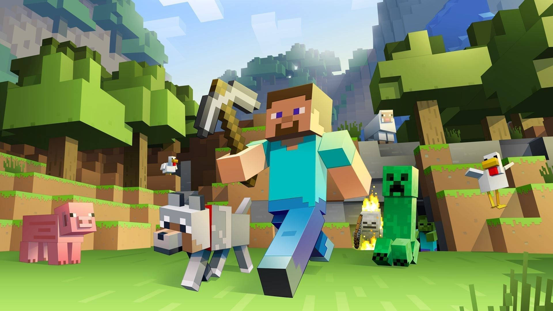 Steve en Diere wat Beweeg Minecraft Muurpapier