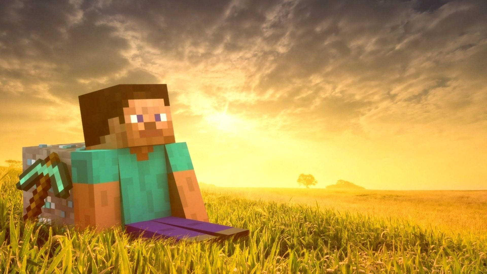 Steve kyk na sonsondergang in Minecraft-landskap Muurpapier