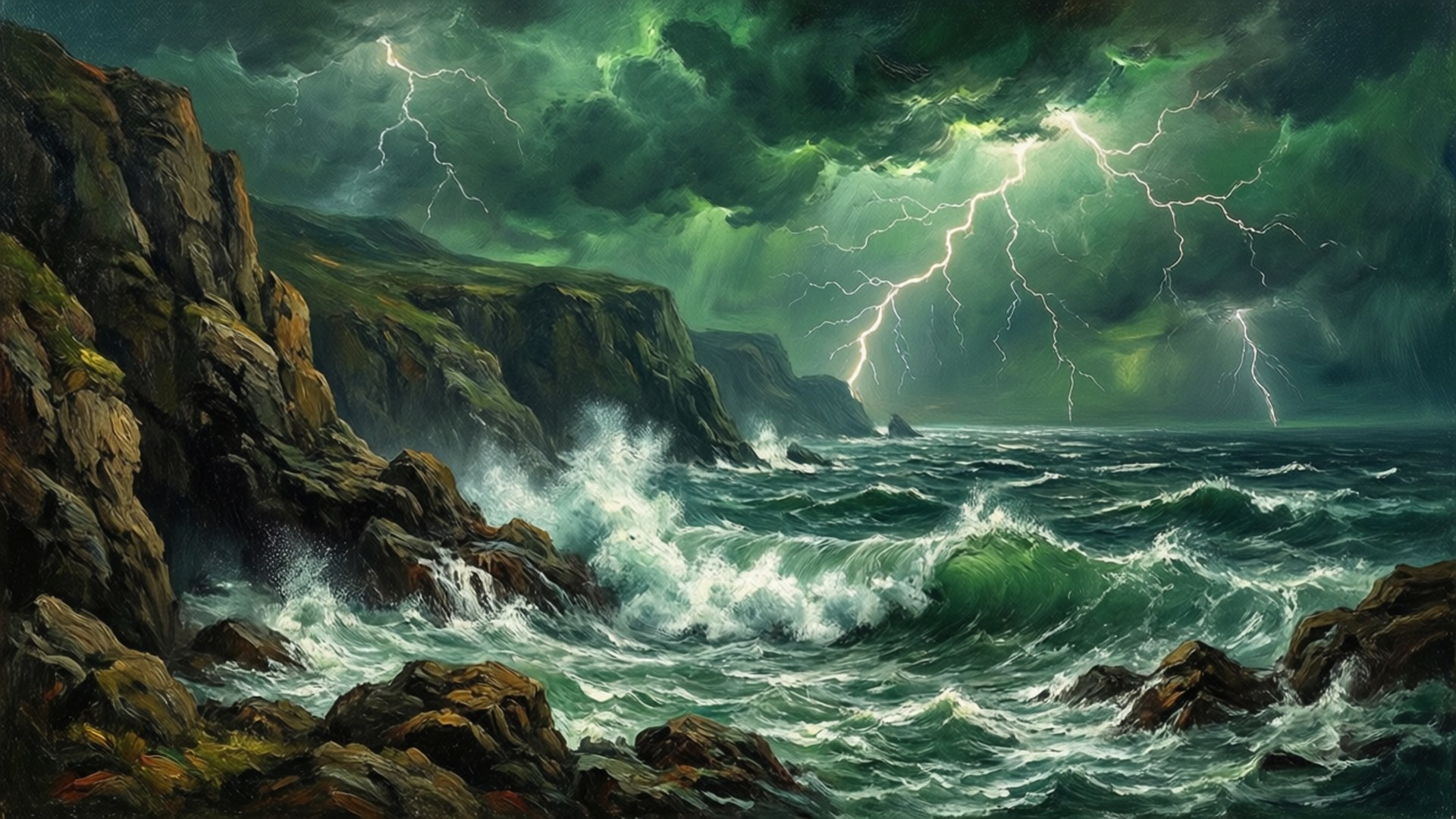 Stormagtige Groen Lug See Muurpapier