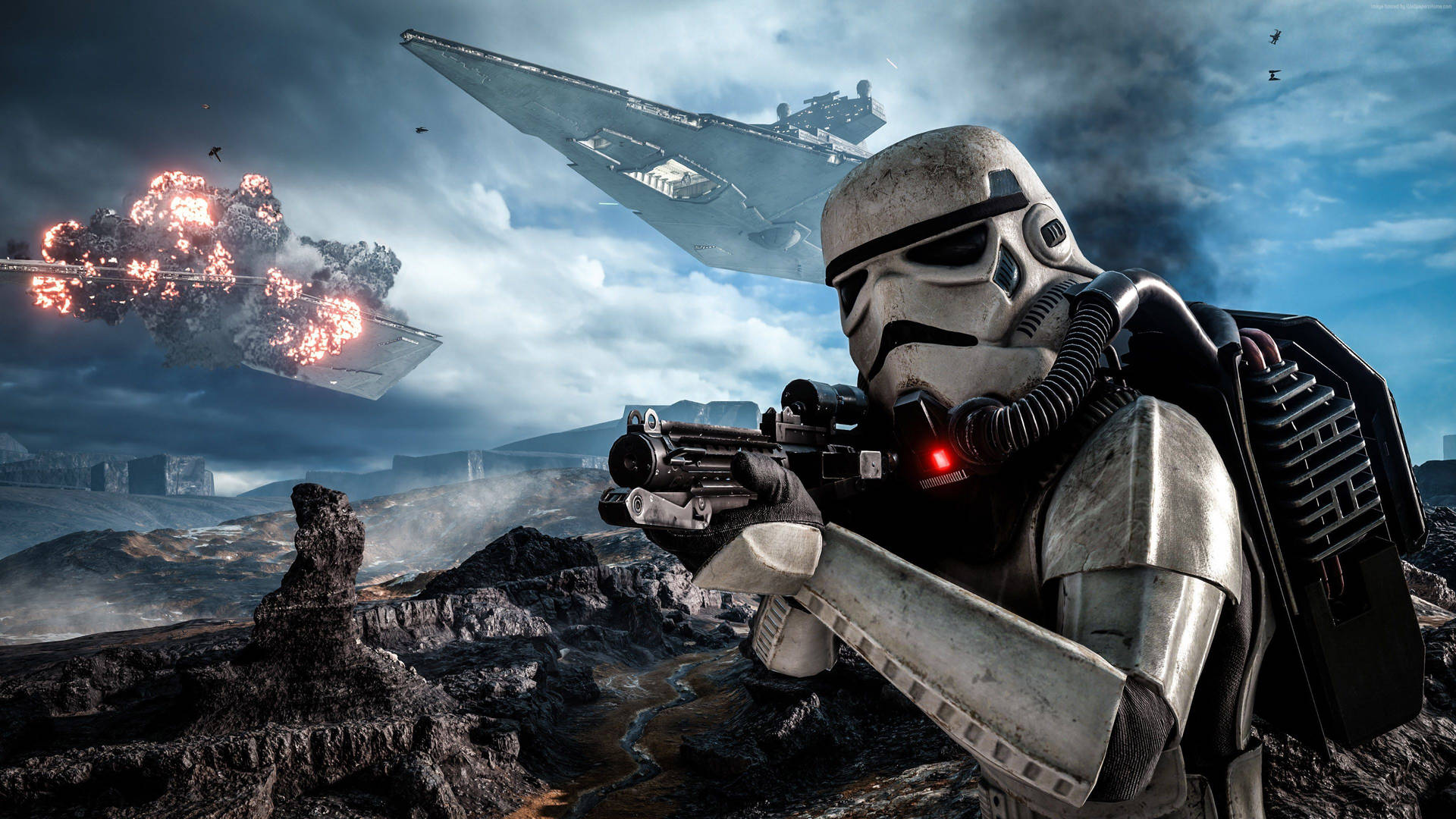 Star Wars-agtergrond van Stormtrooper in 'n geveg op 'n moderne stadplaneet — Star Wars Muurpapier