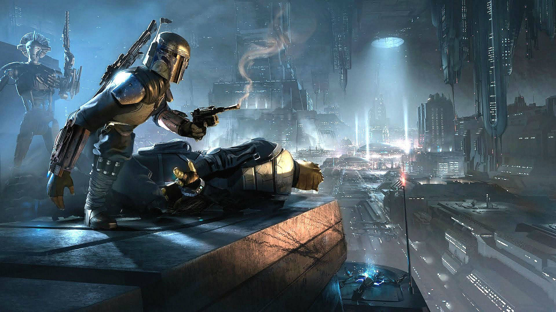 Star Wars-agtergrond van 'n Stormtrooper in 'n geveg op 'n moderne futuristiese stadplaneet. — Star Wars Muurpapier