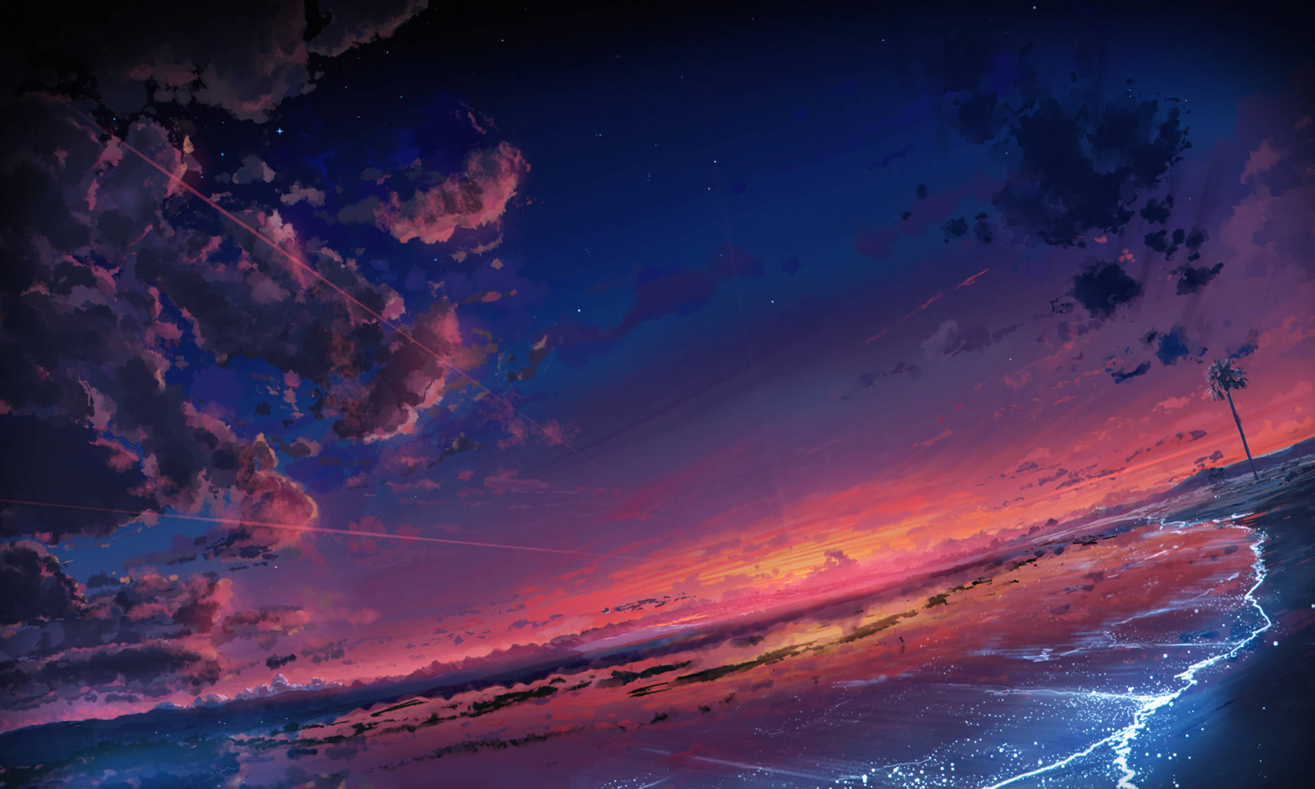 Strand Anime Estetiese Sonsondergang Digitale Skildery Muurpapier
