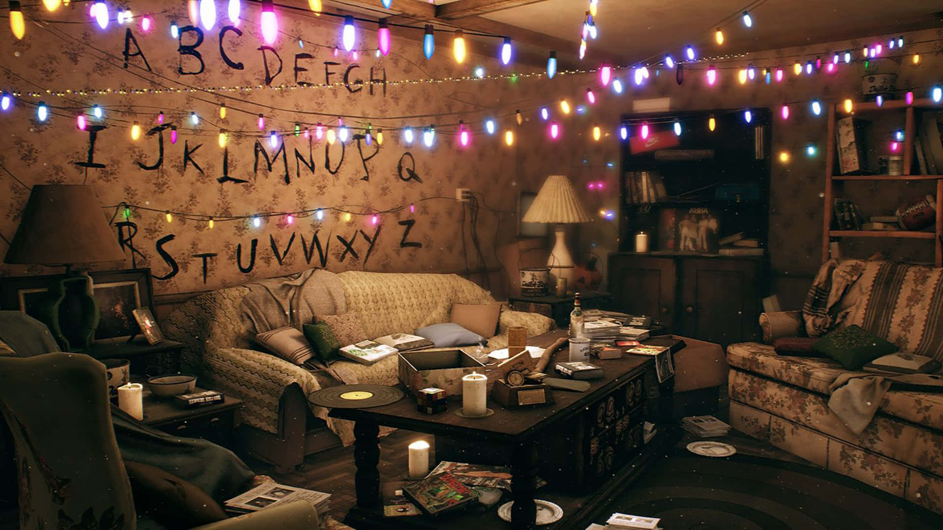 Stranger Things Byers Woonkamer Kersfees Teams Agtergrond Muurpapier