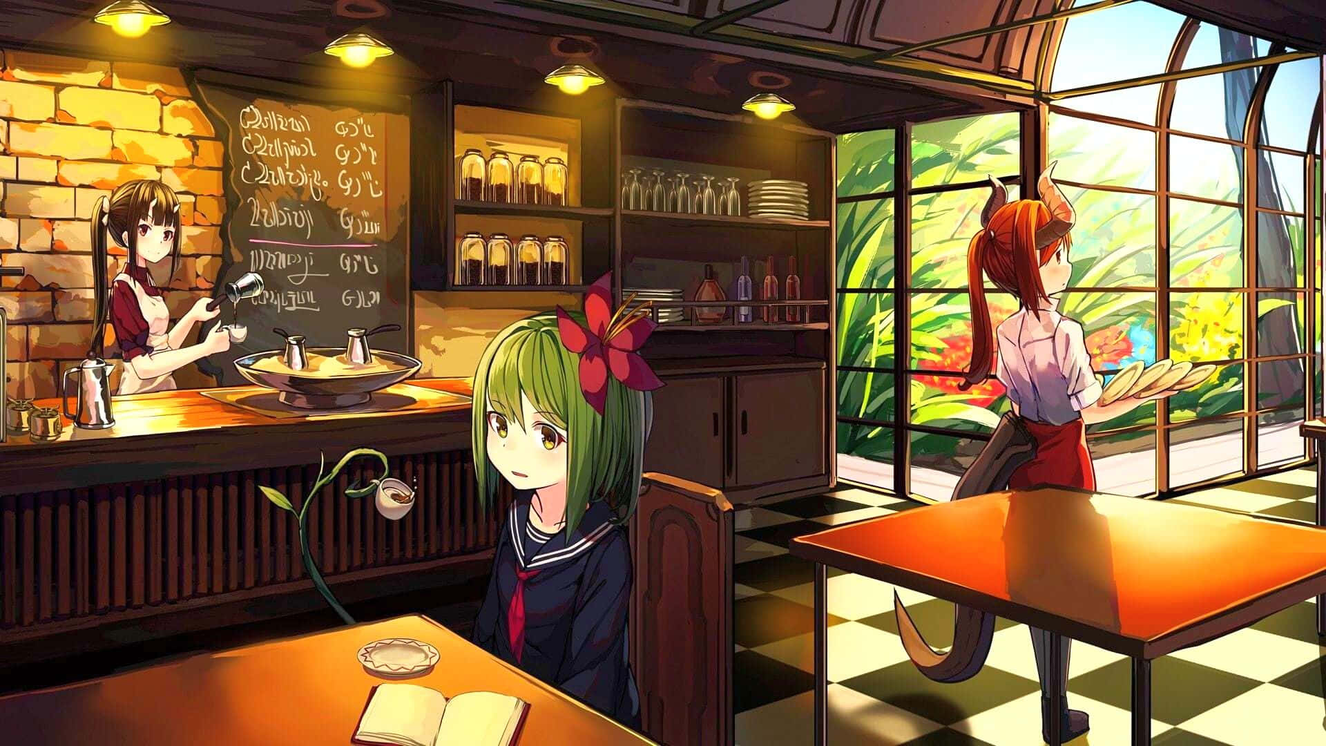 Student Anime Kafe Agtergrond Muurpapier