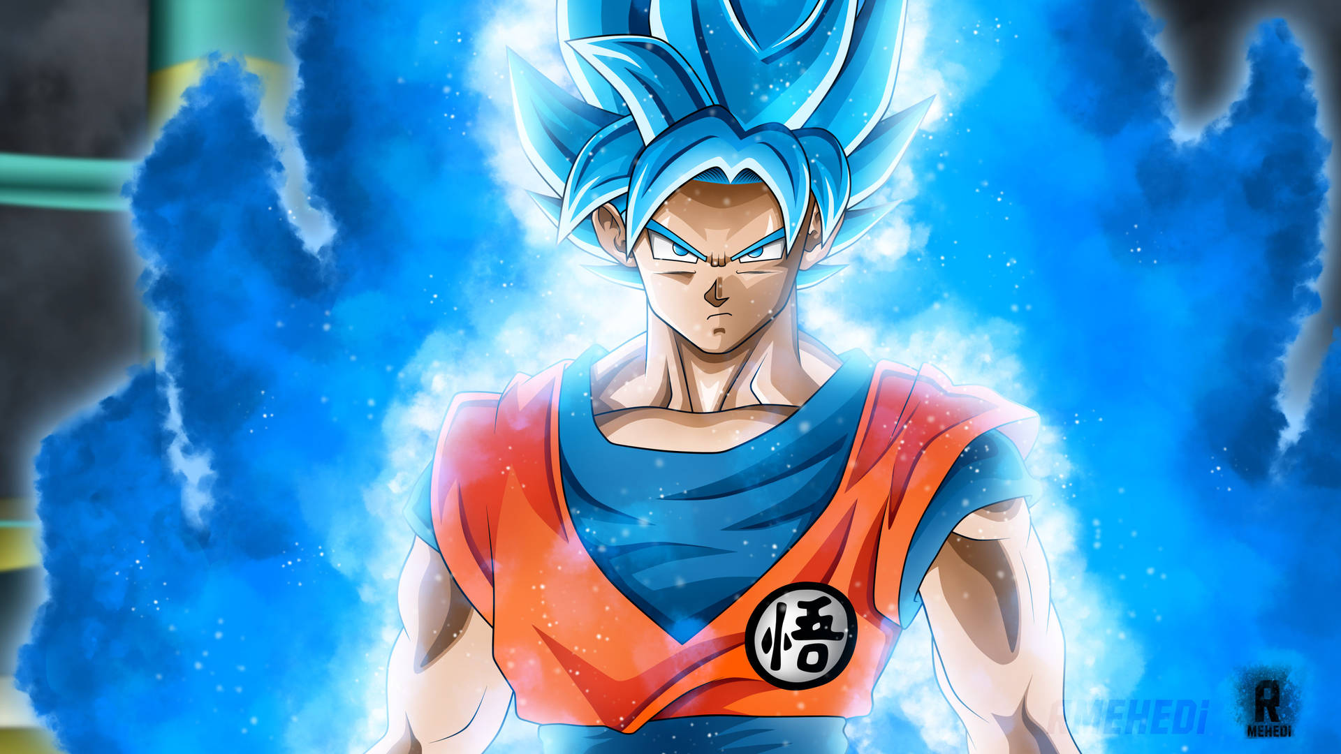 Muurafbeelding van Son Goku wat 'n groot blou gloed uitstraal.