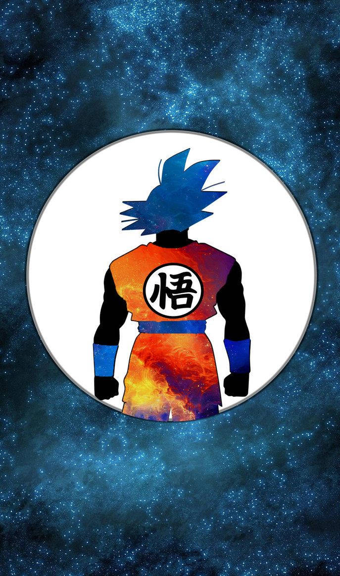 Behangpapier van Goku in normale stadium teen 'n galaktiese agtergrond.