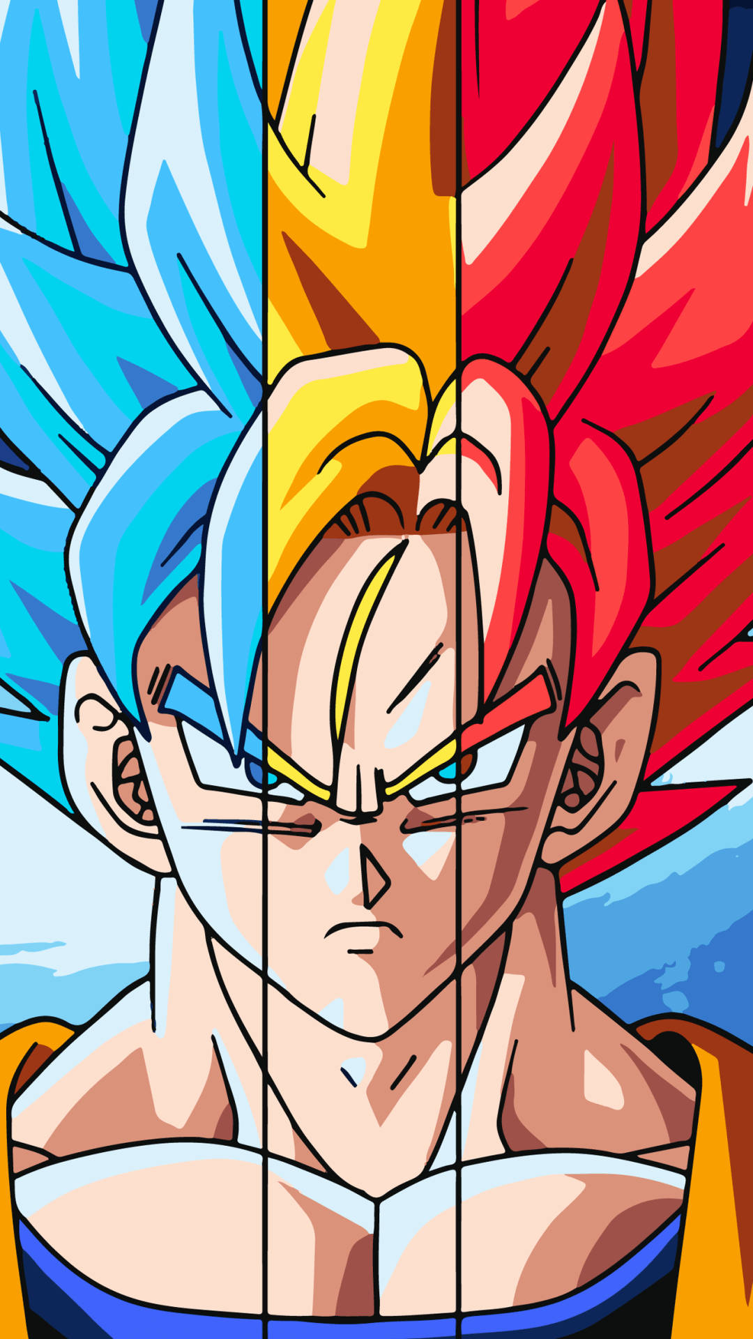 Dragon Ball Z super broly San Goku met veelkleurige hare in blou, geel en rooi. Gewilde anime.