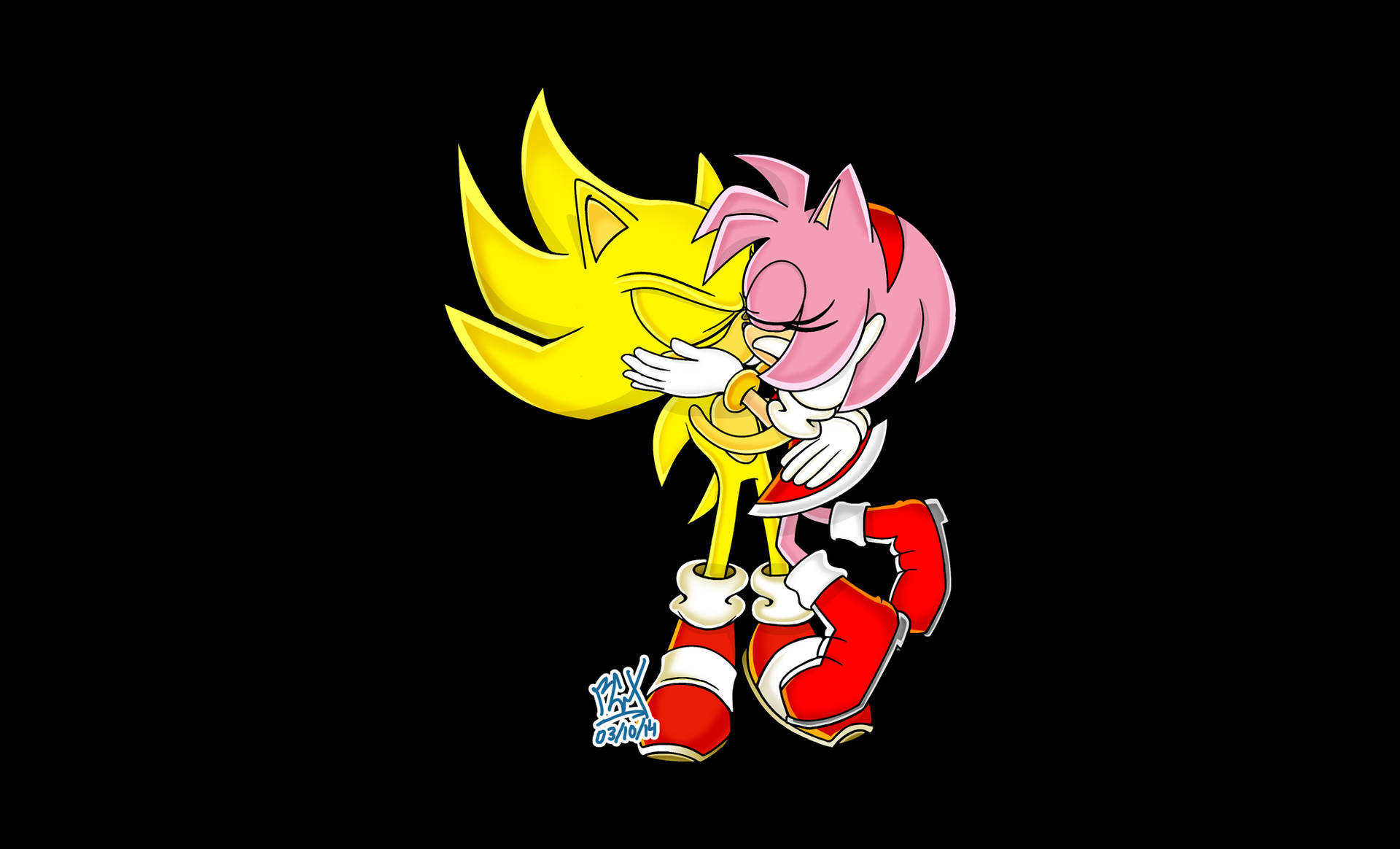 Super Sonic en Amy Rose swart agtergrond.
