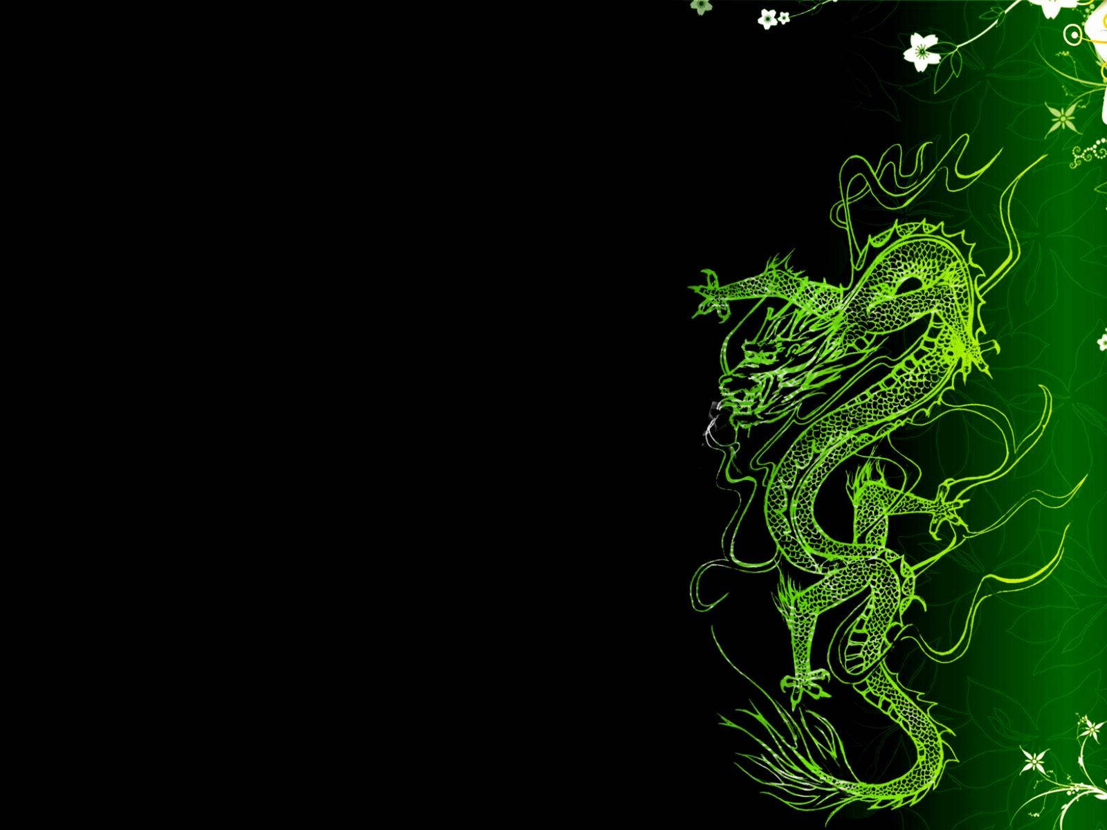 Swart en Groen Kuns Japanse Draak Rekenaar Muurpapier