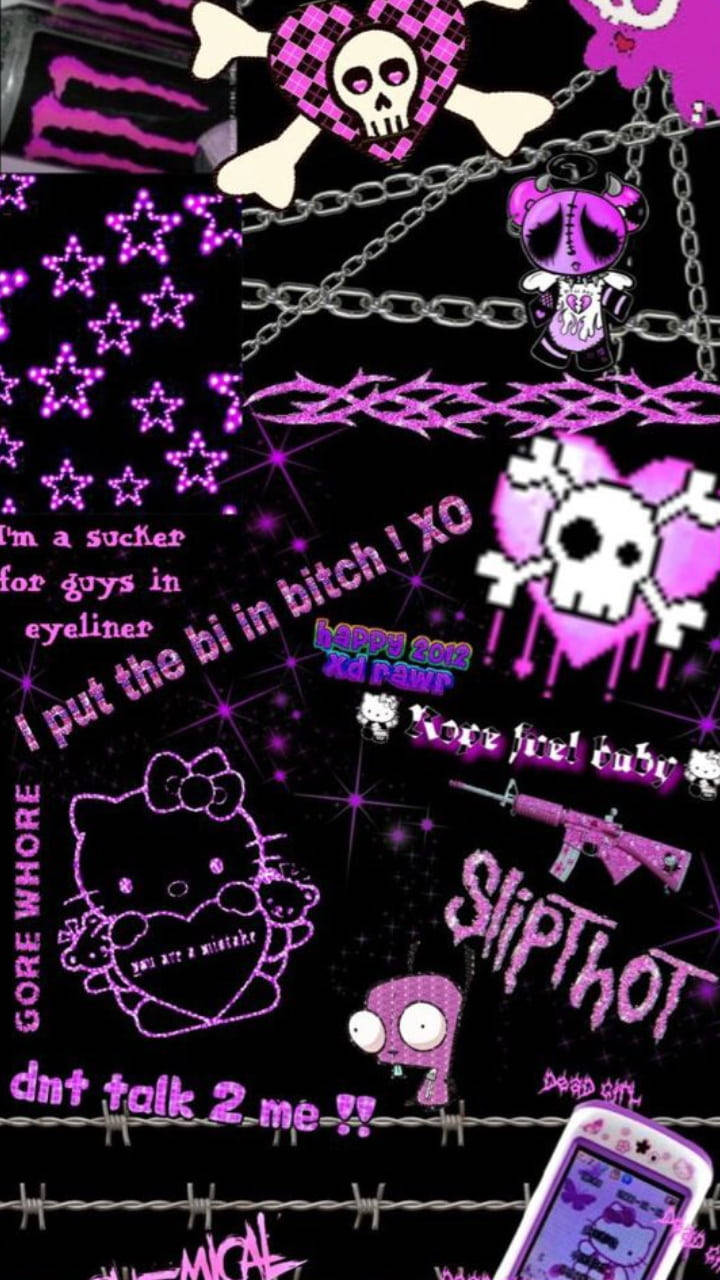 Swart en Pers Hello Kitty Collage Muurpapier