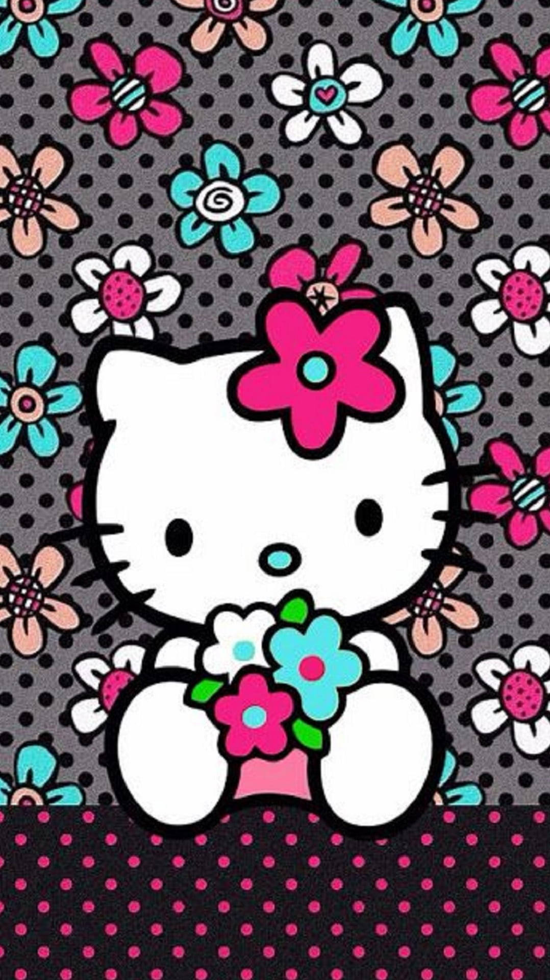 Swart Hello Kitty met Blomme Muurpapier
