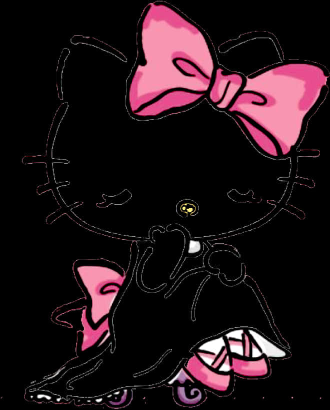 Swart Silhoeet van Hello Kitty met Pienk Strikkie Muurpapier