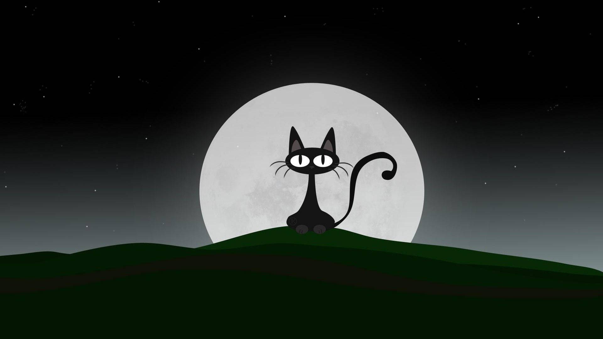 Swart Spotprent Kat Met Maan Muurpapier