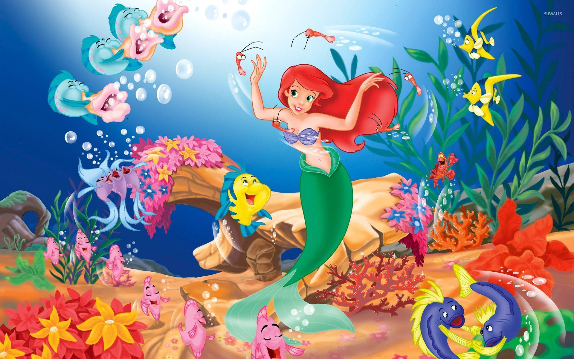 Die Klein Meermin Ariel en onderwater vriende lewendige muurpapier. — Seemeermin Muurpapier