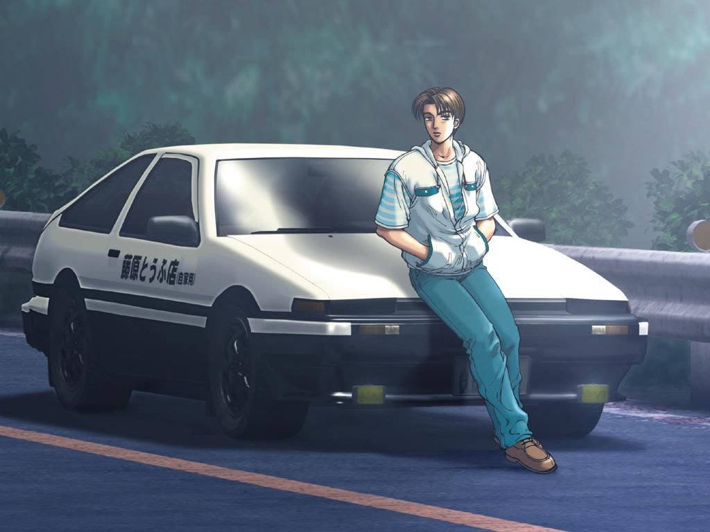 Takumi Fujiwara wat oor sy renmotor gedrapeer is in geanimeerde glorie. Muurpapier