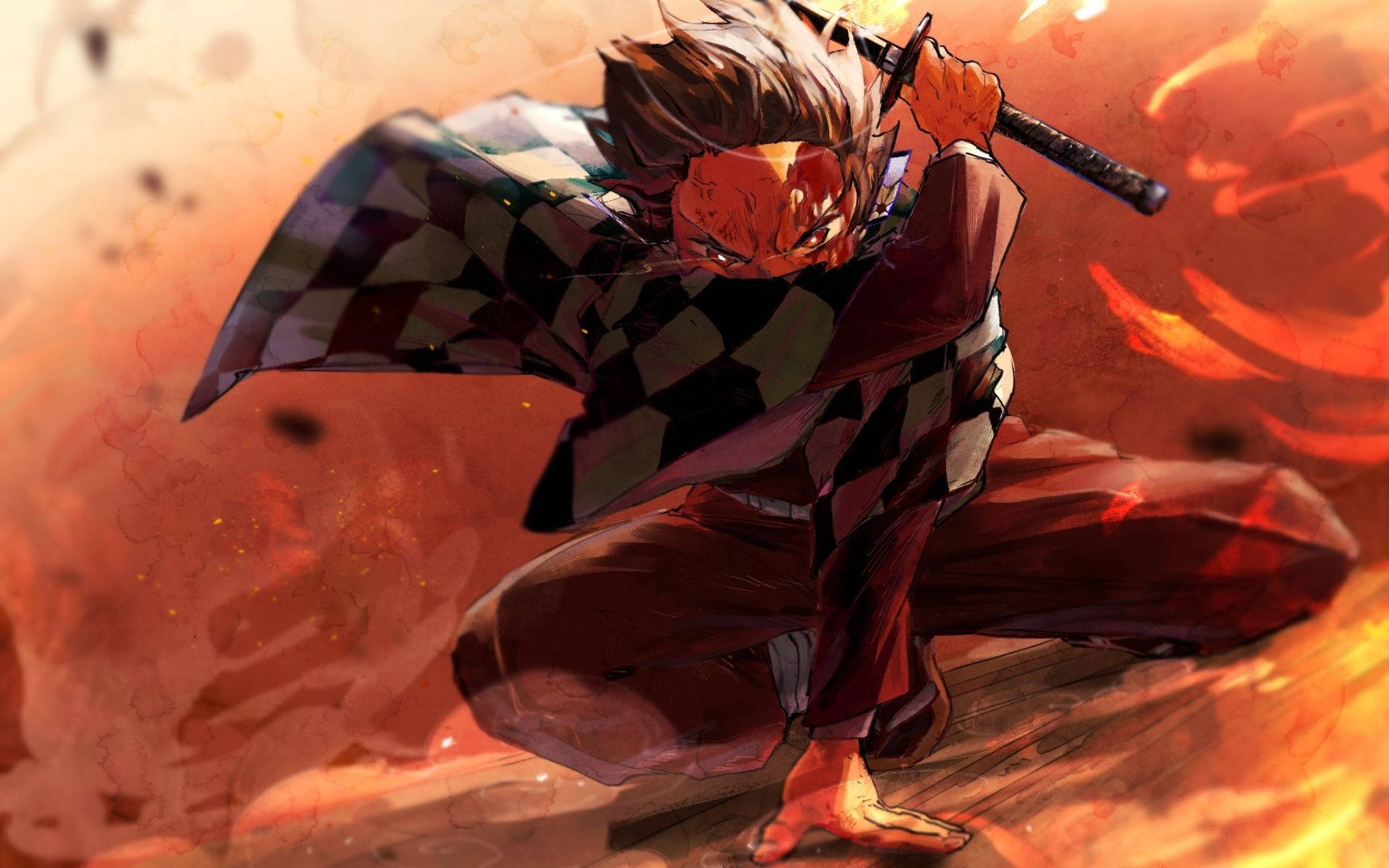 Demon Slayer-agtergrond van Kamado Tanjiro omring deur rook en vuur. — Demon slayer 4K GIF Muurpapier
