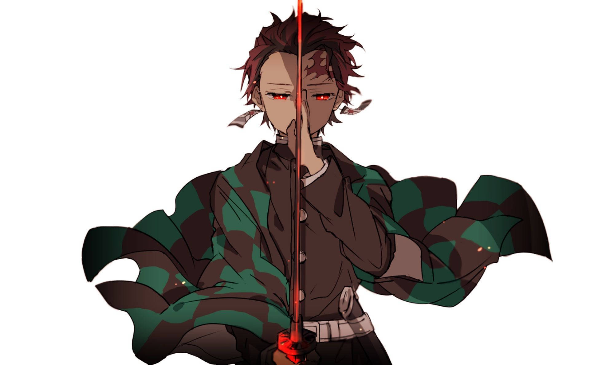 Demon Slayer Kamado Tanjiro met rooi oë wat Hanafuda-oorbelle dra en 'n geruite groen-en-swart baadjie, wat sy bloedrooi en swart swaard vashou. — Demon slayer 4K GIF Muurpapier