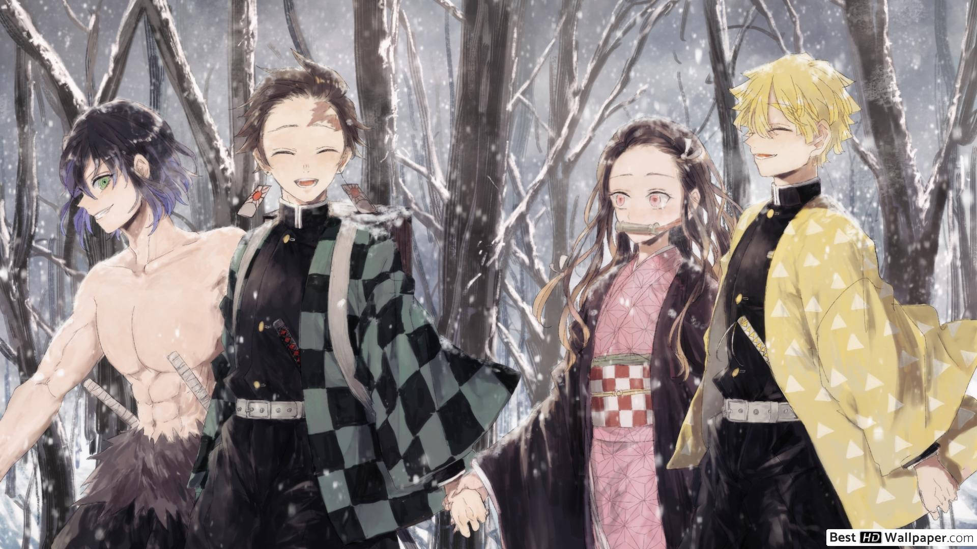 Demon Slayer-agtergrond van Tanjiro en ander wat in sneeubos loop. — Demon slayer 4K GIF Muurpapier