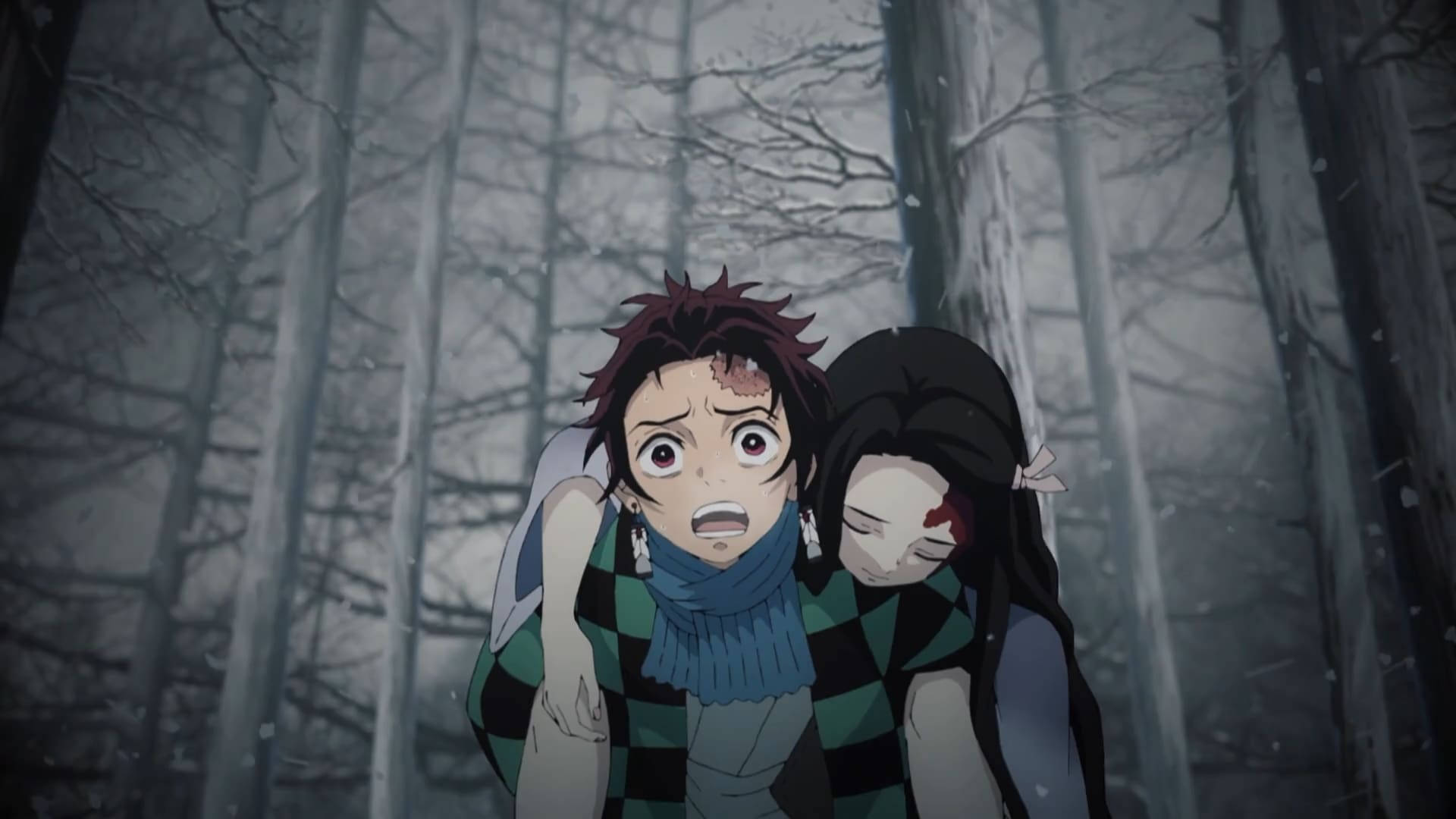 Demon Slayer-agtergrond van Kamado Tanjiro wat 'n beseerde Nezuko dra. — Demon slayer 4K GIF Muurpapier