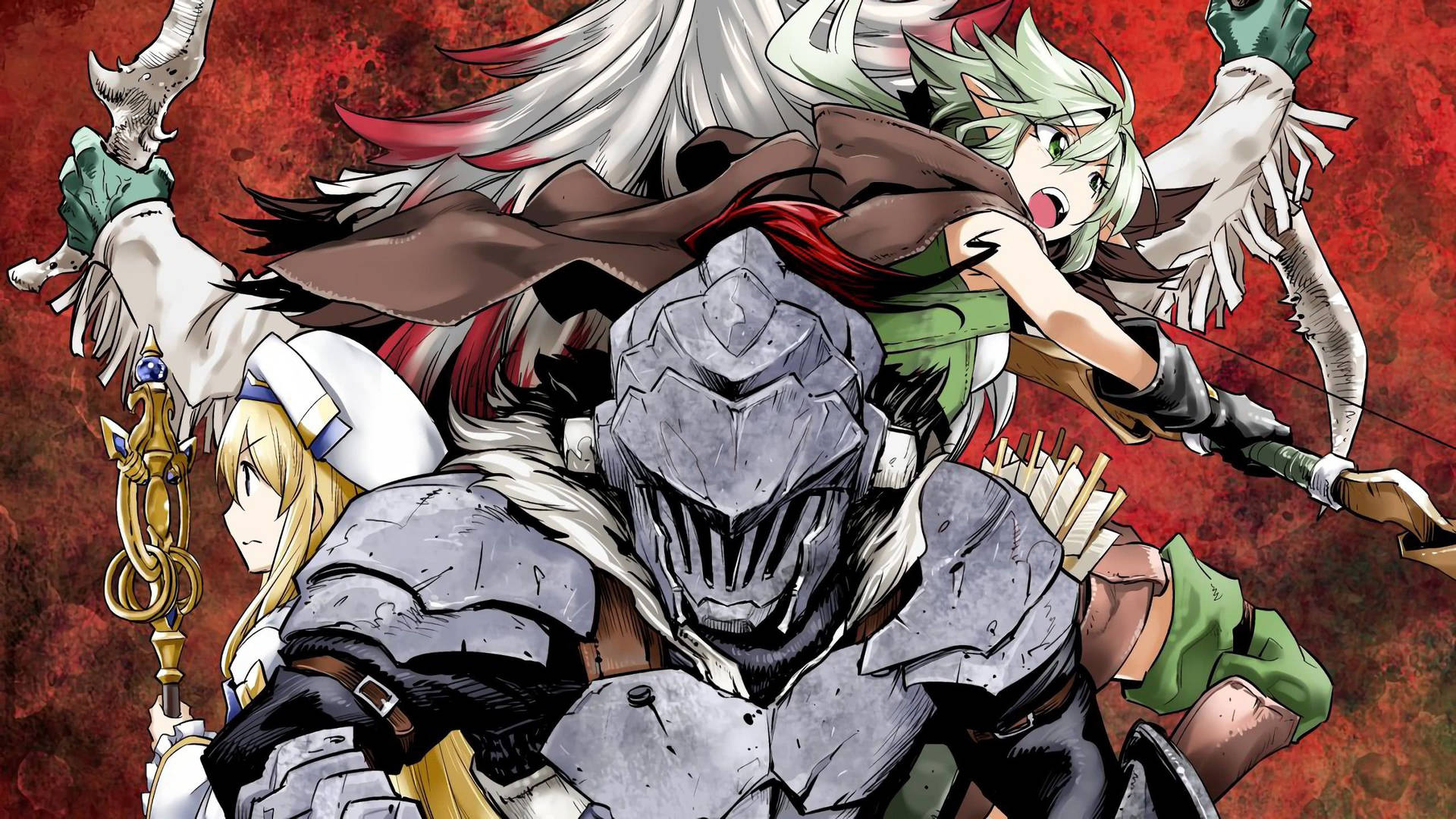 Demon Slayer-agtergrond met Goblin Slayer, Hoë Elf Boogskutter en priesteres. — Demon slayer 4K GIF Muurpapier