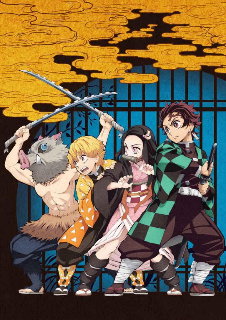 Tanjiro en Nezuko Inosuke Zenitsu Geel Wolk Muurpapier