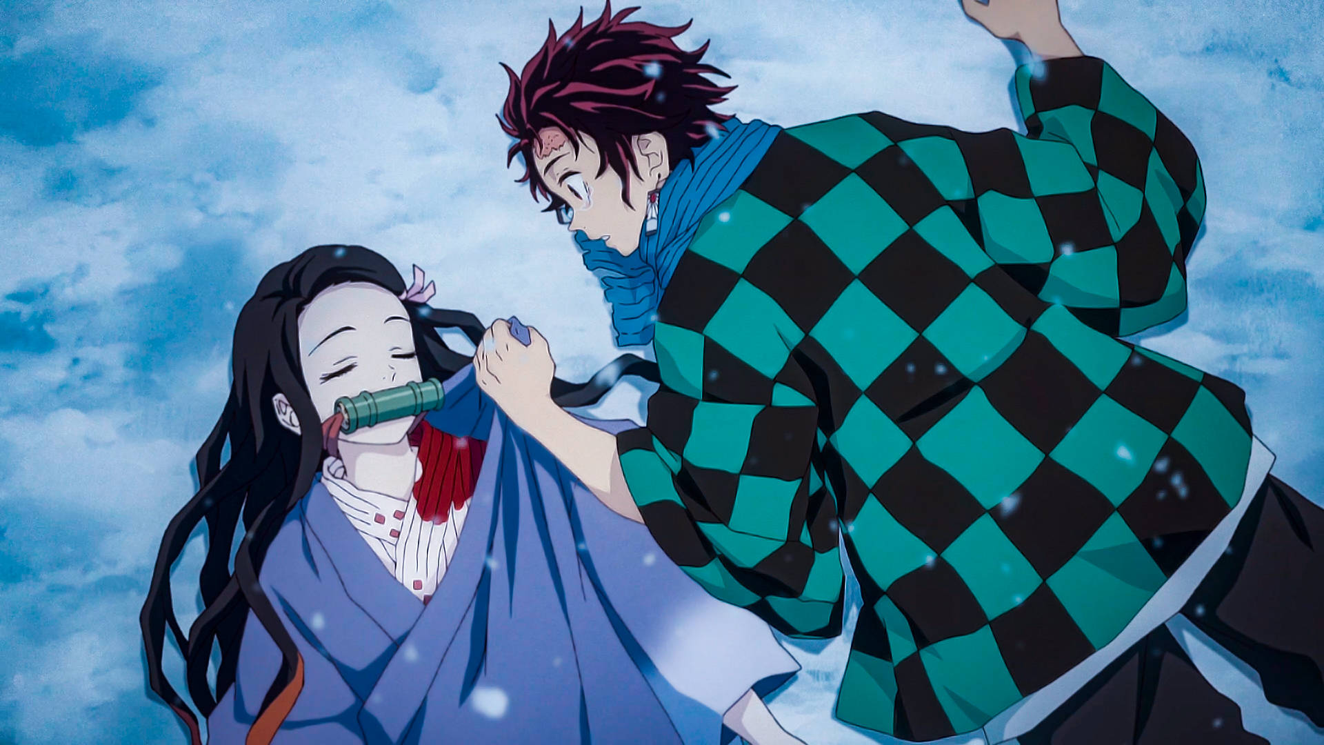 Demon Slayer-agtergrond van Tanjiro op die sneeubedekte grond wat na Nezuko kyk. — Demon slayer 4K GIF Muurpapier