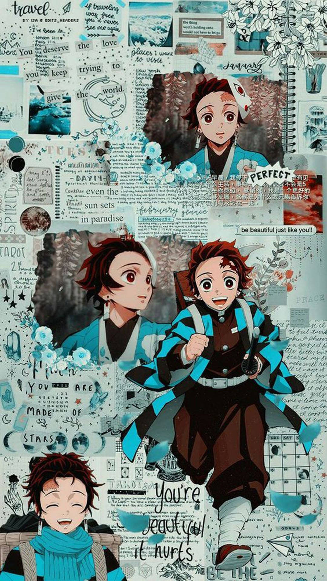 Tanjiro Estetiese Collage Demon Slayer iPhone Muurpapier