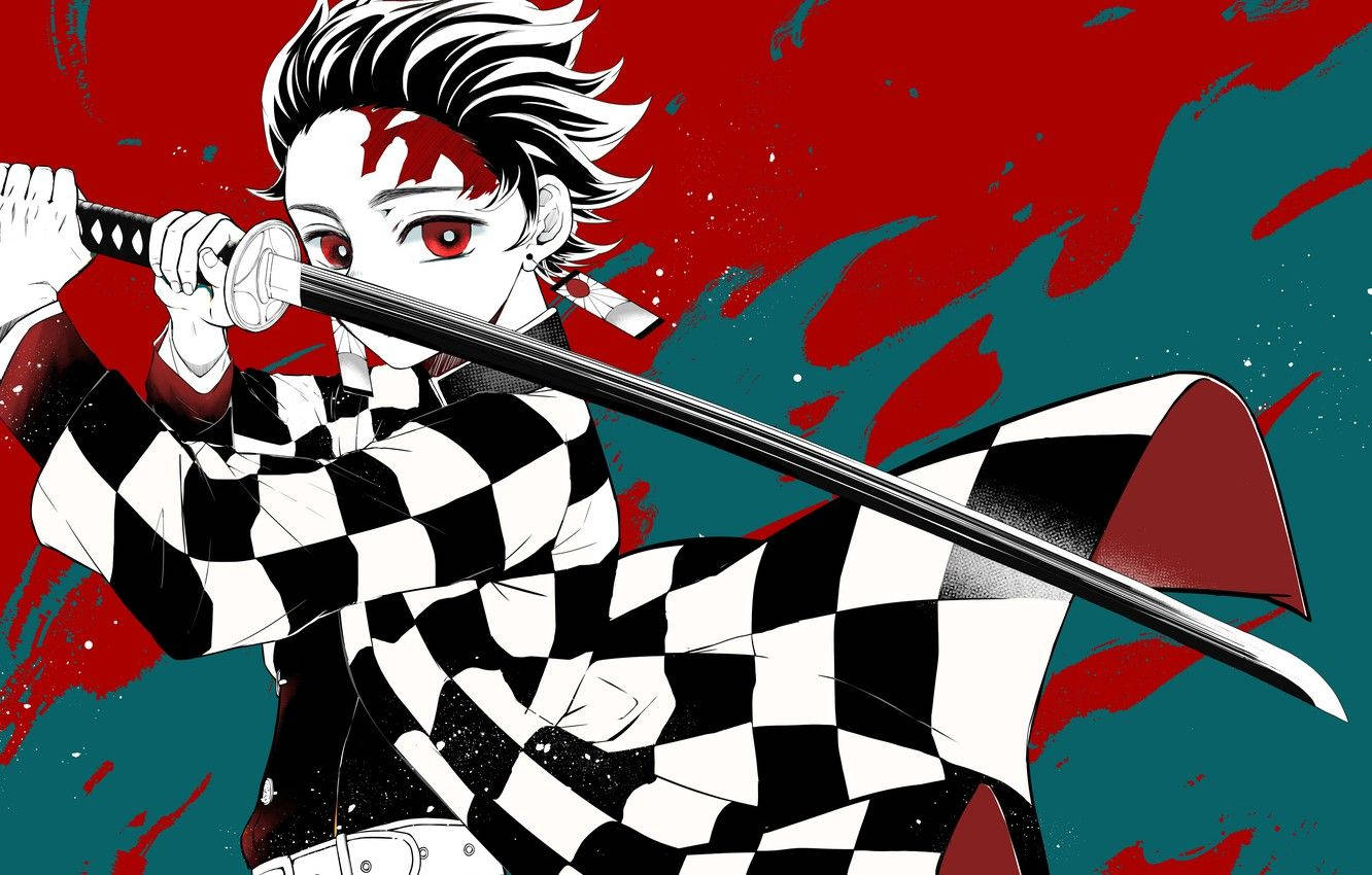 Demon Slayer-agtergrond van Kamado Tanjiro wat 'n lang, slanke swart swaard vashou. — Demon slayer 4K GIF Muurpapier