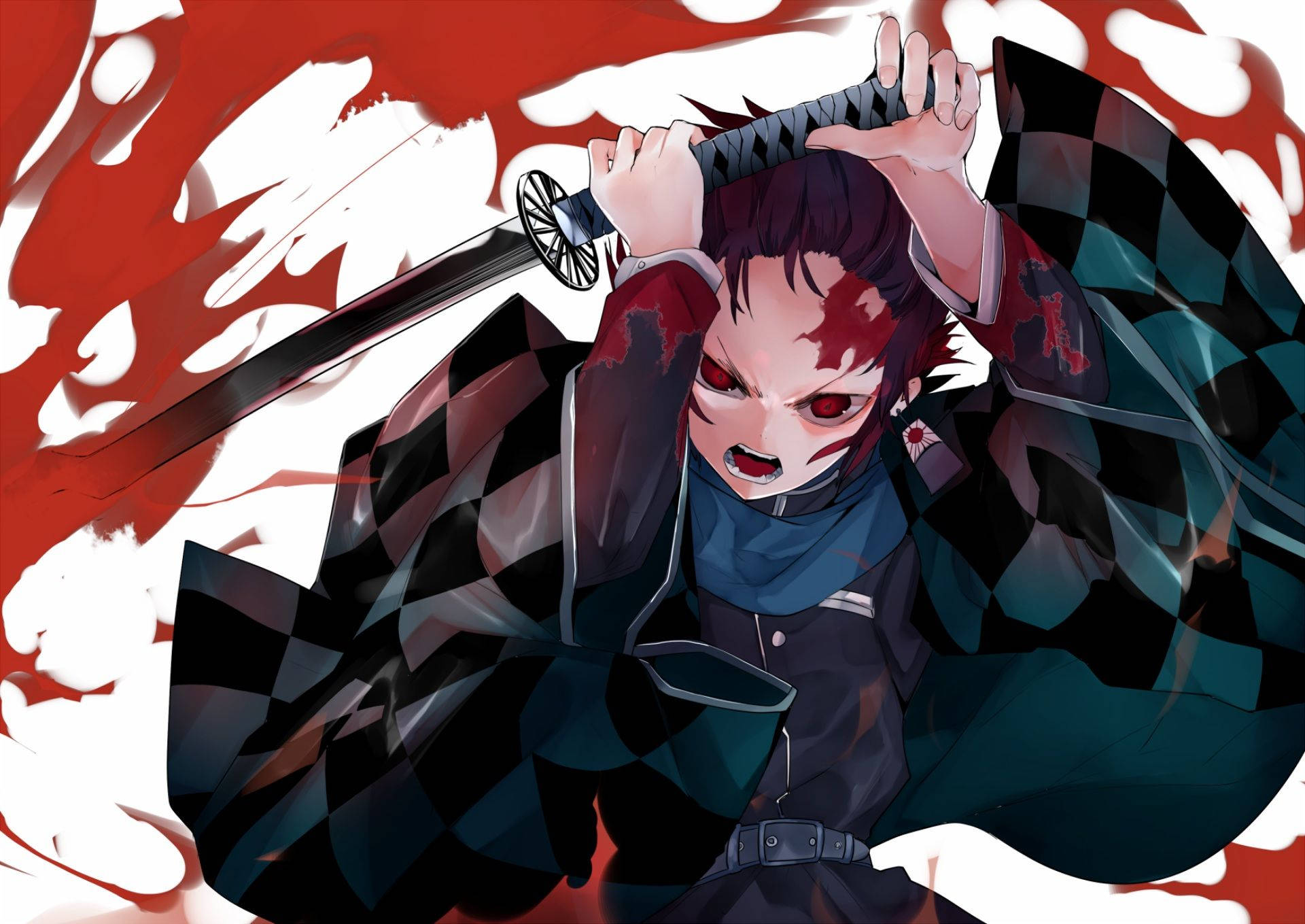 Demon Slayer-agtergrond van Kamado Tanjiro wat aanval met swart swurd.