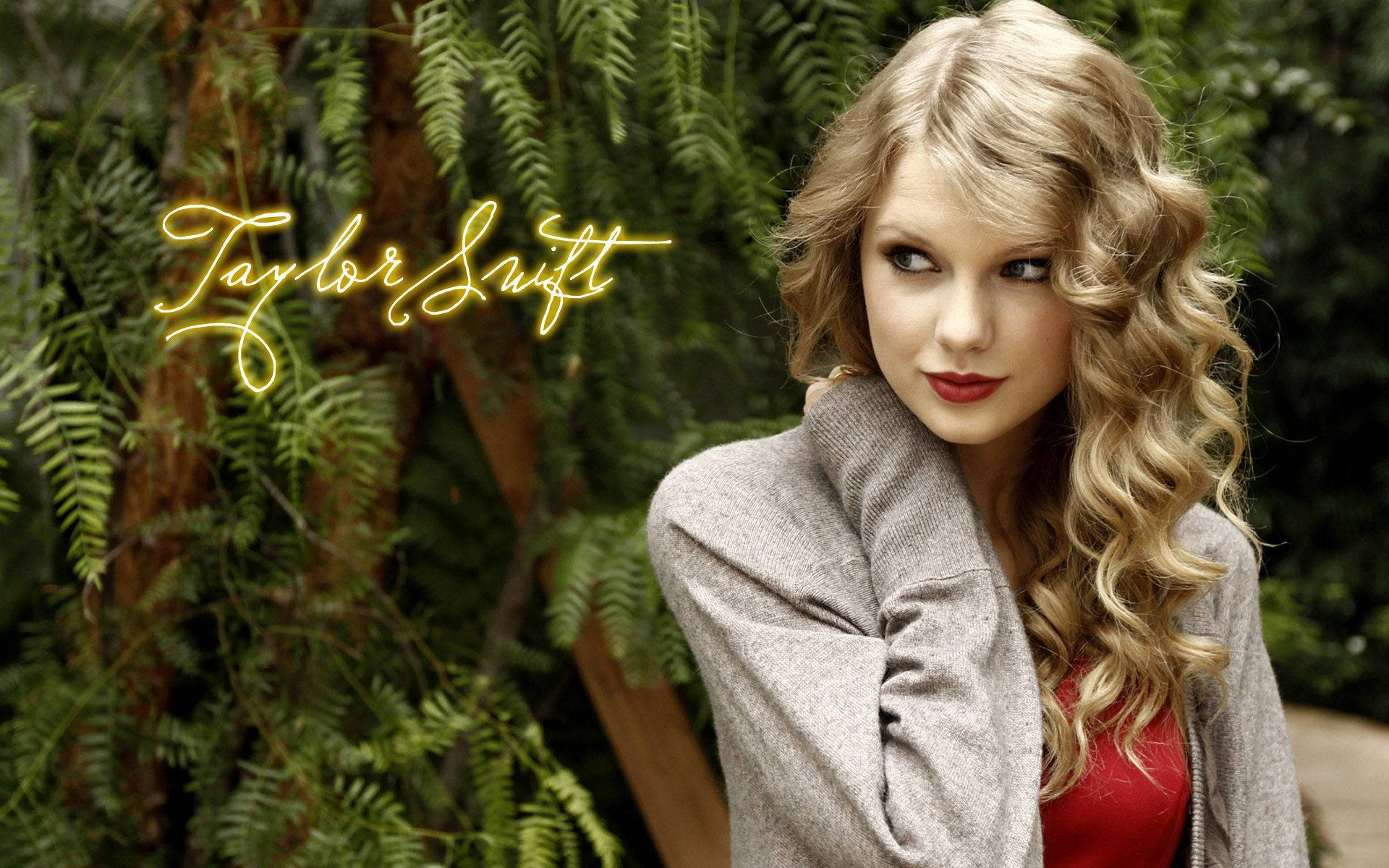 Taylor Swift musiekversameling met haar wat na die kant kyk. — Taylor Swift Muurpapier