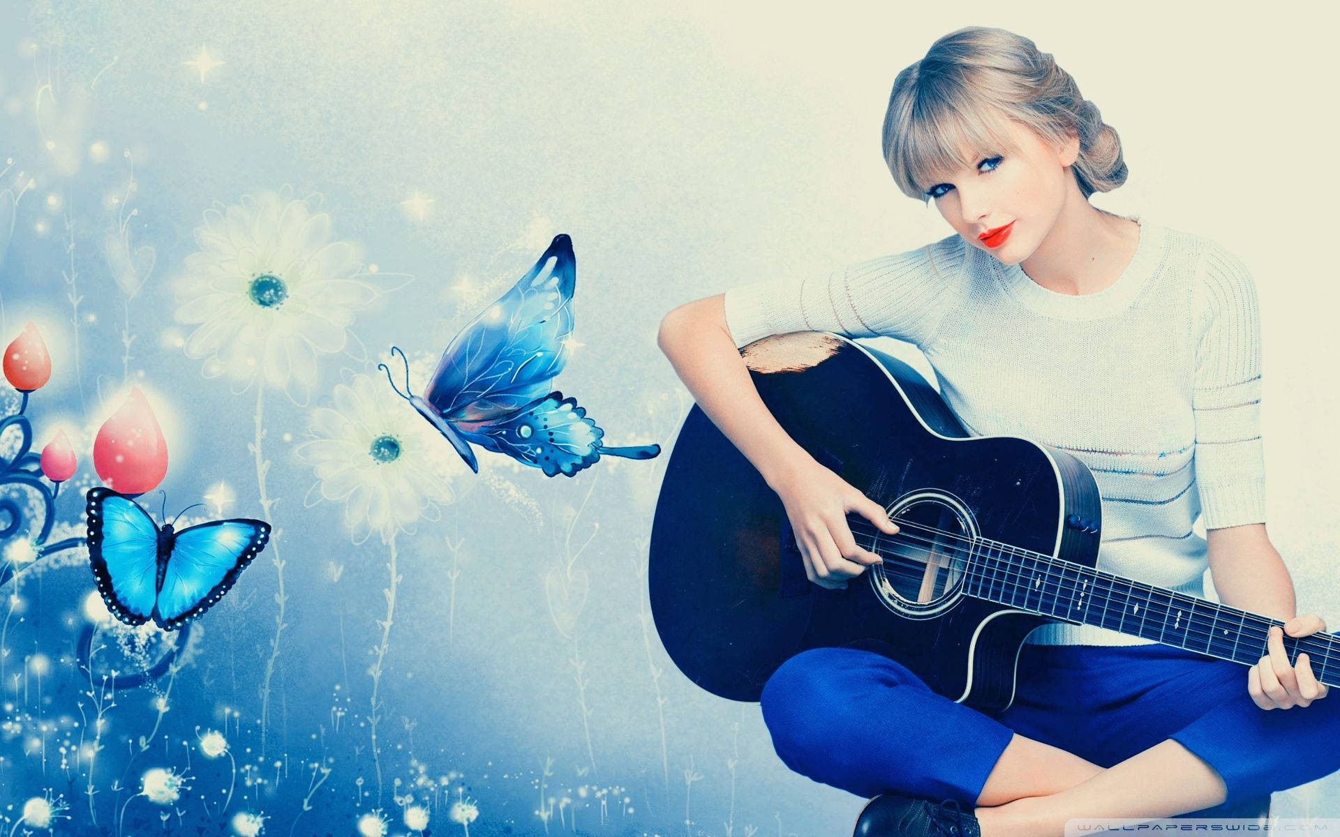 Blou tematiese Taylor Swift wat kitaar speel muurpapier omslag. — Taylor Swift Muurpapier