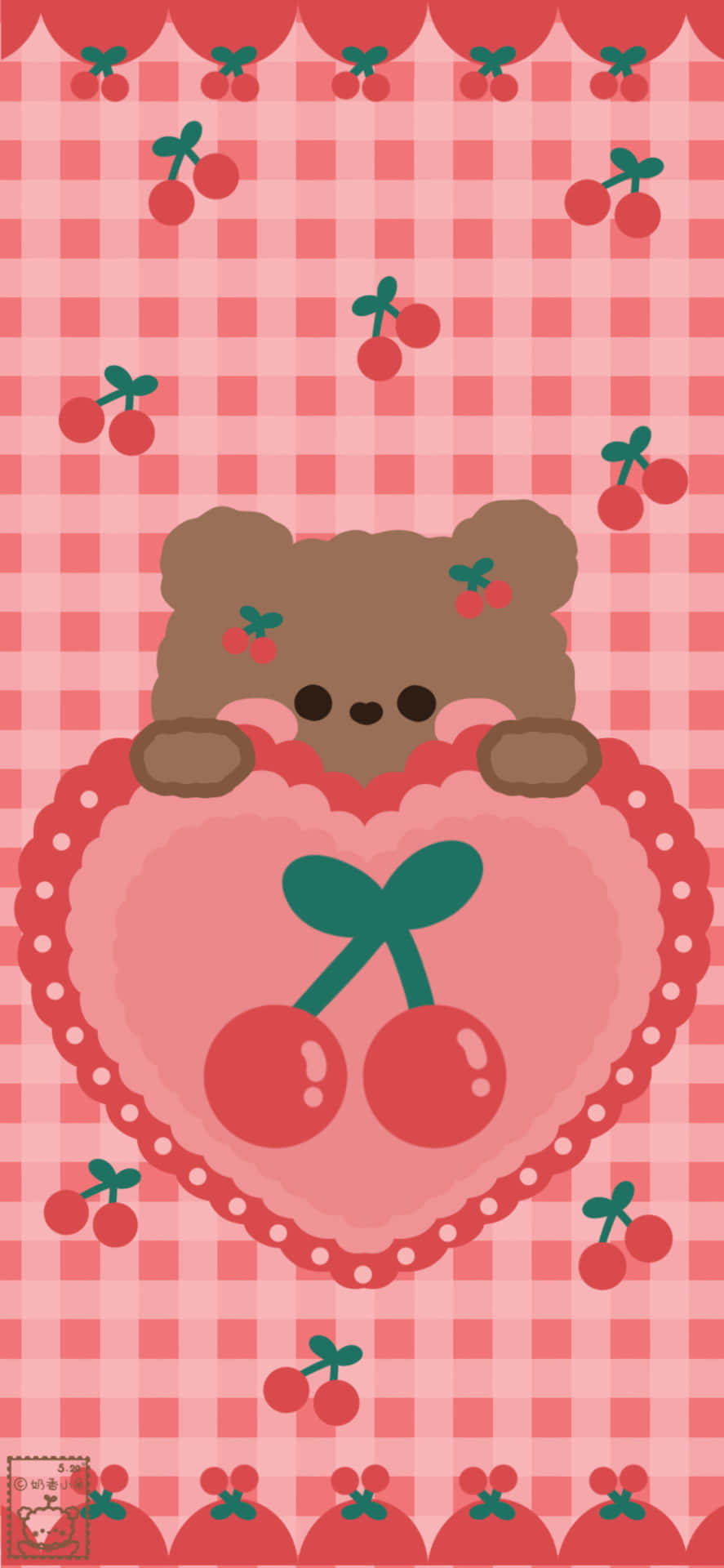 Teddiebeer Hart met Oulike Kersie-ontwerp Muurpapier