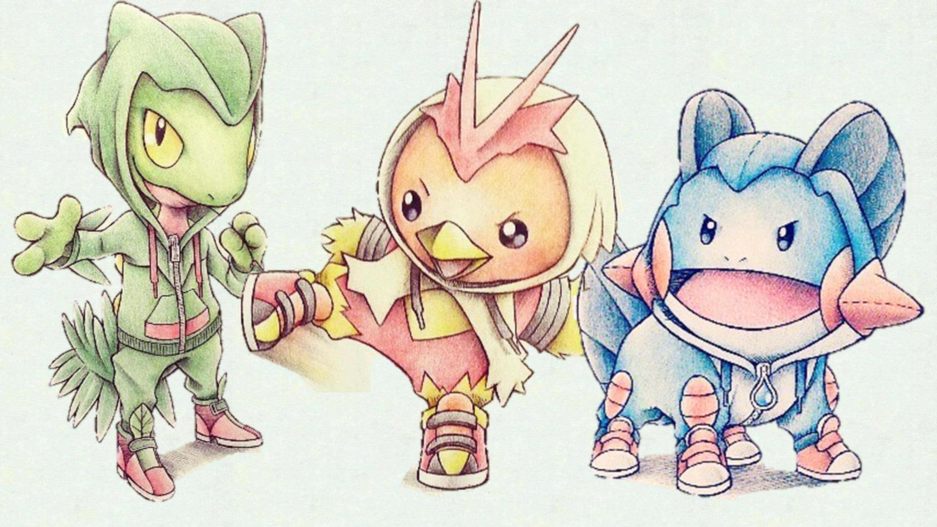 Tekening van Treecko, Torchic en Mudkip Muurpapier