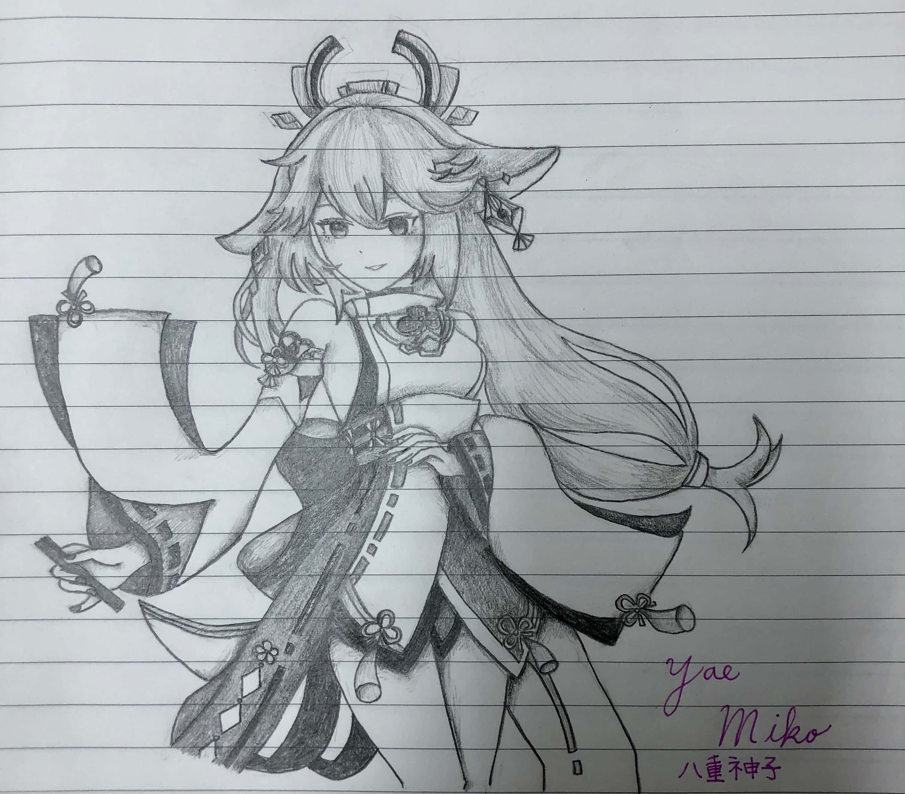 Tekening van Yae Miko Profielfoto Muurpapier