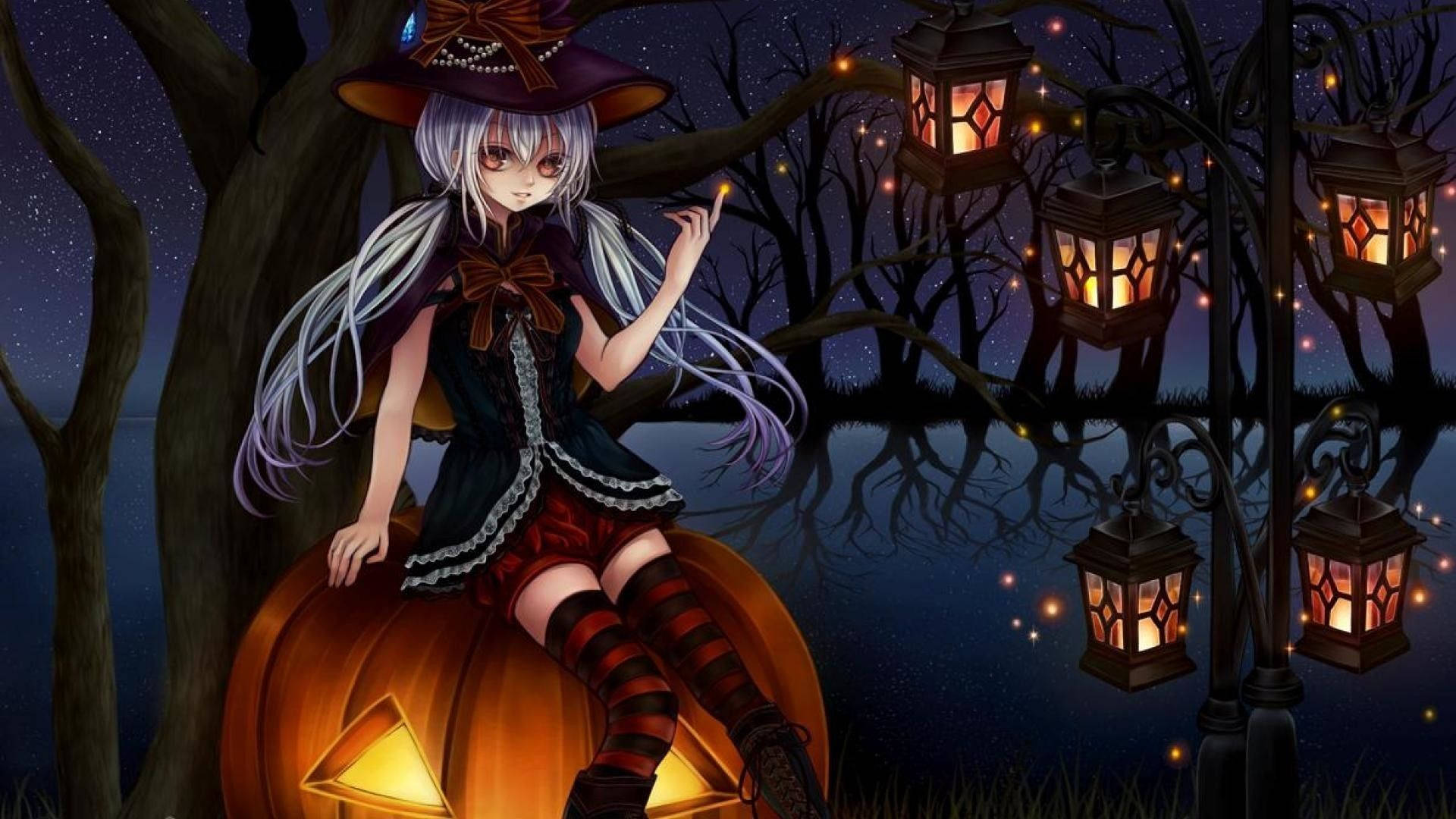 Tekenprent Halloween Meisie op Pampoen Muurpapier