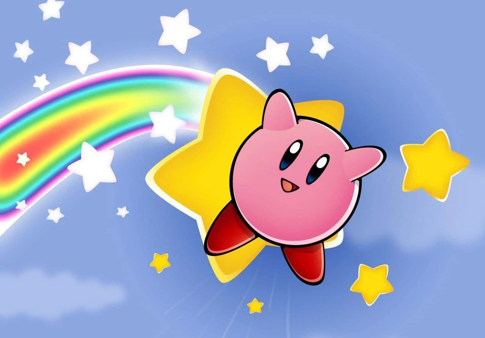 Tekenprentkarakter Kirby wat deur 'n helderkleurige landskap vlieg Muurpapier