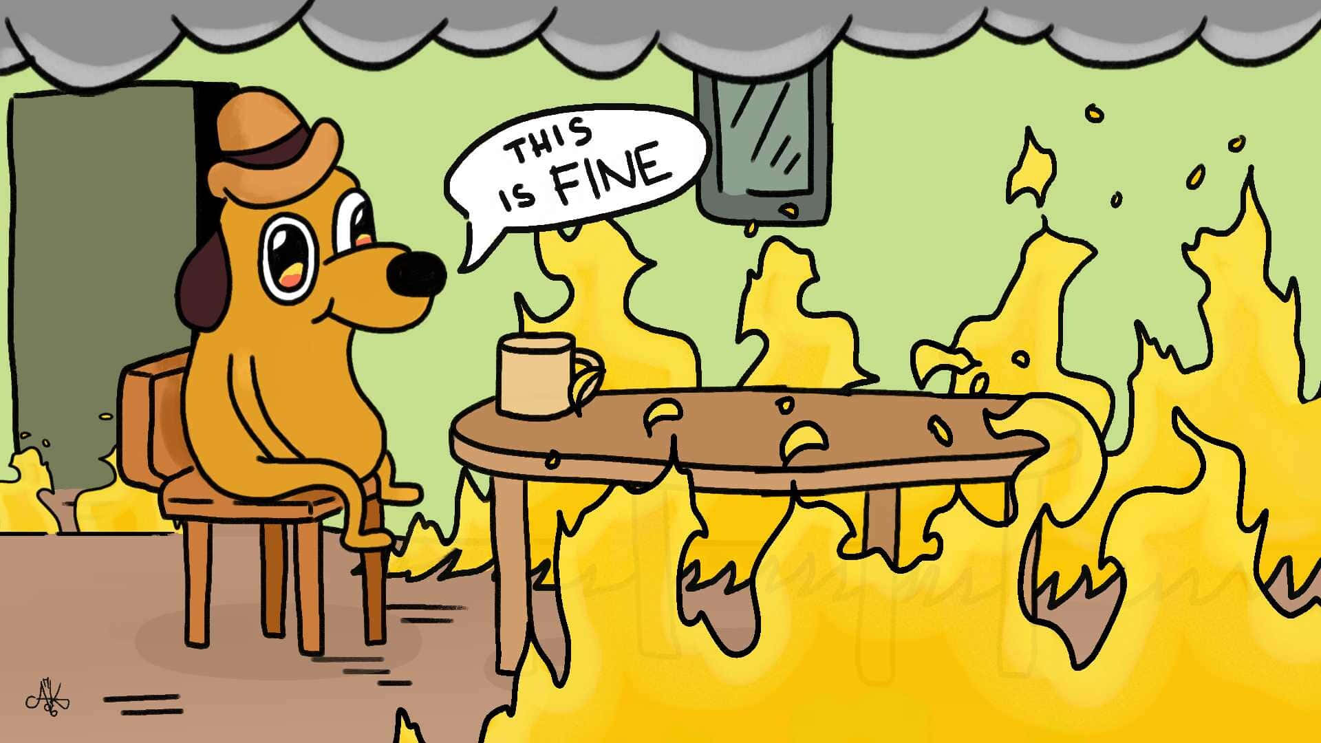 This Is Fine Meme Met Brandende Kombuis Muurpapier