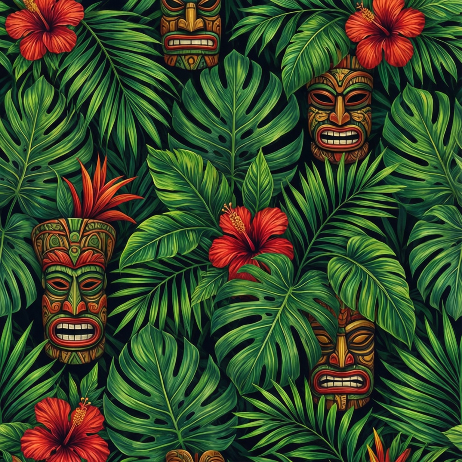 Tiki-gesigte Oerwoudpatroon Muurpapier