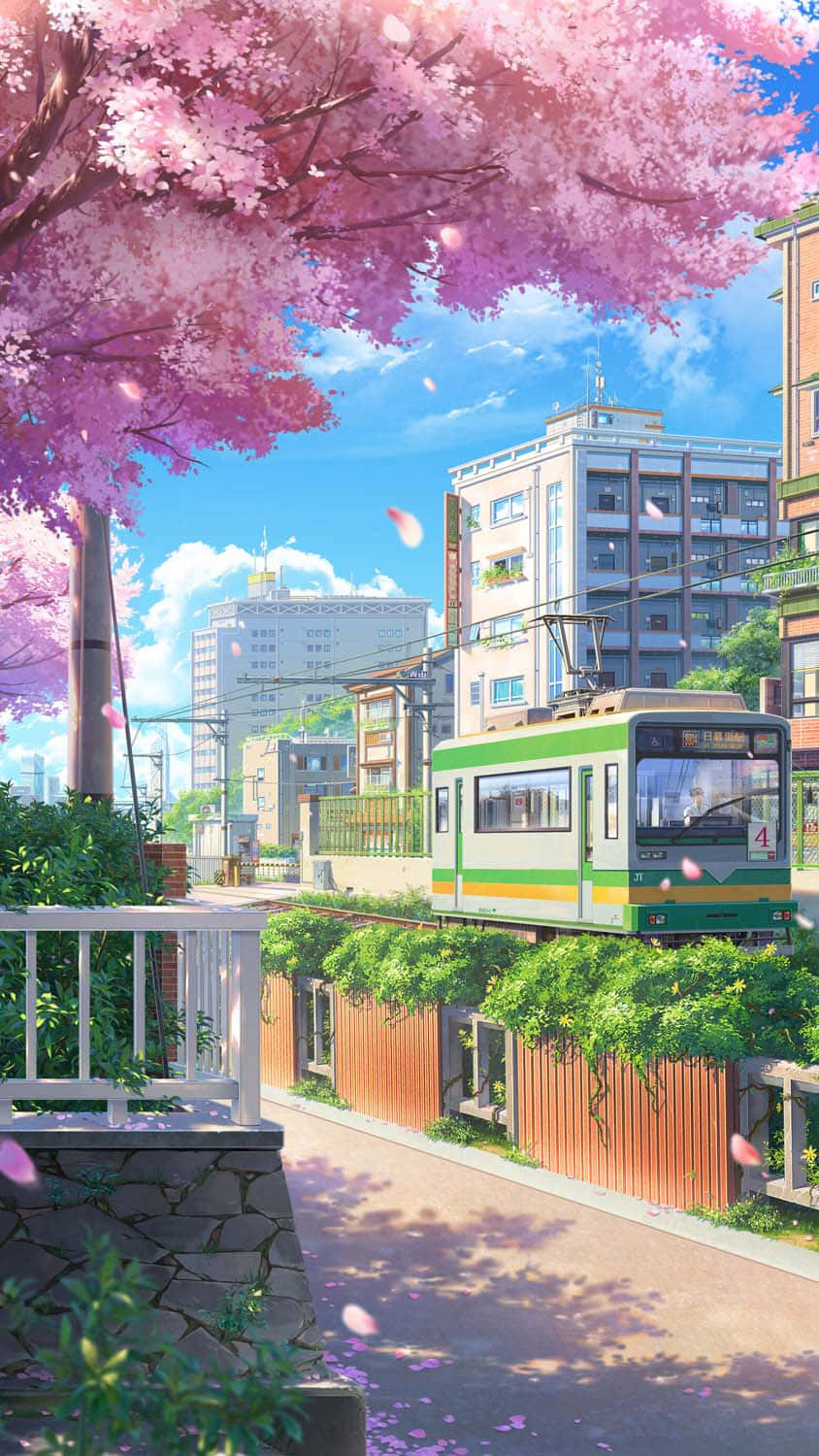Tokio Anime Stad Met Kersiebloeiselboom Muurpapier