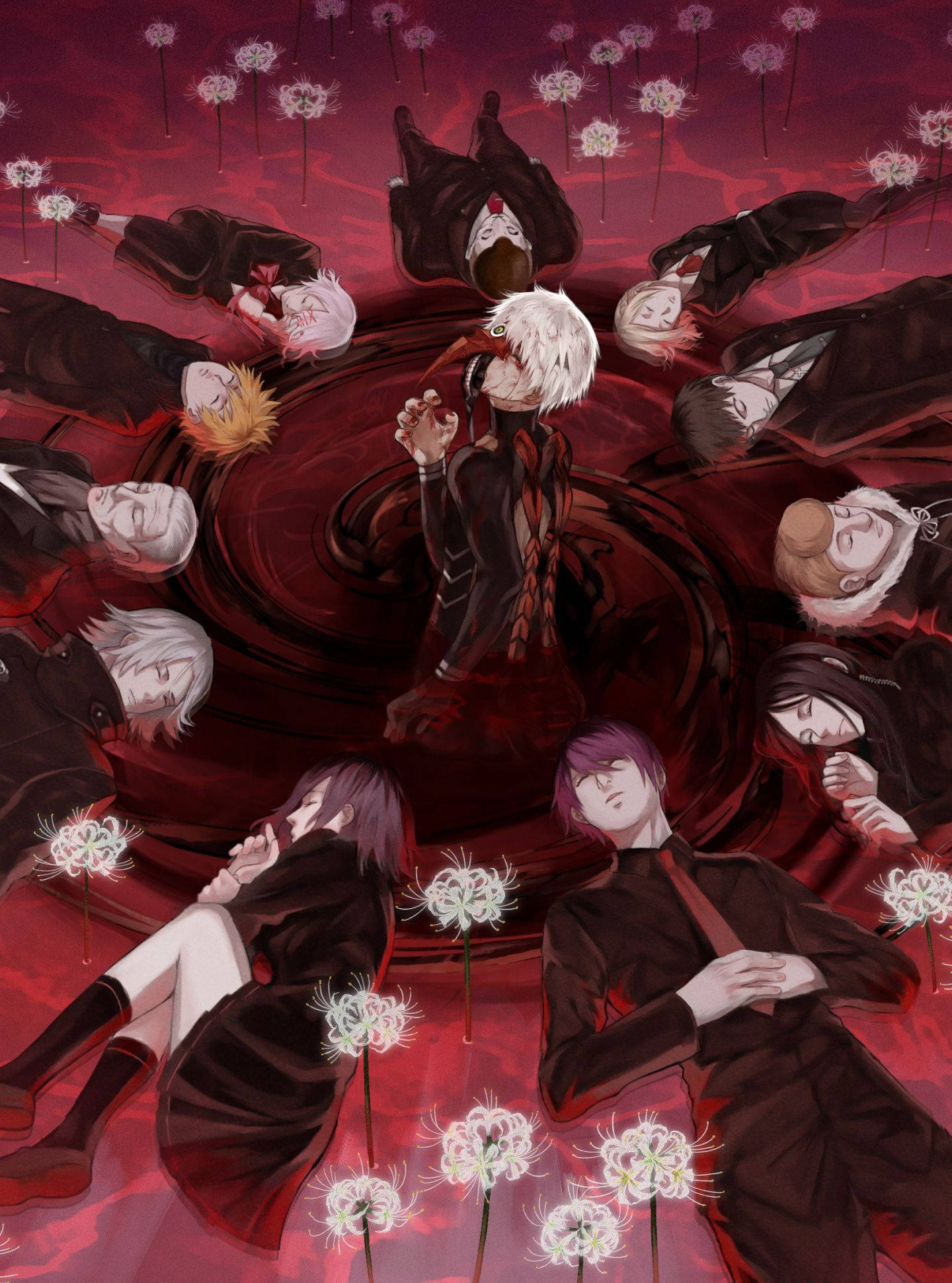 Tokyo Ghoul Karakters Rooi Grafiese Kuns Muurpapier