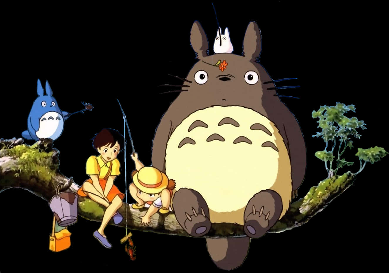 Totoro en Vriende op 'n Boomtak Muurpapier