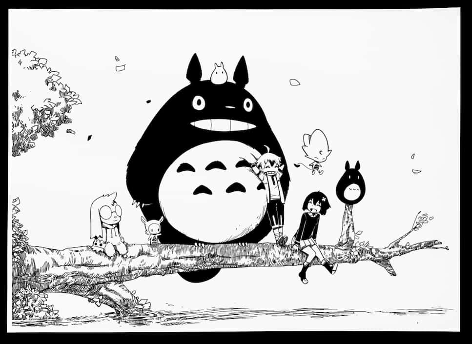 Totoro en Vriende Sit op Boomtak Muurpapier