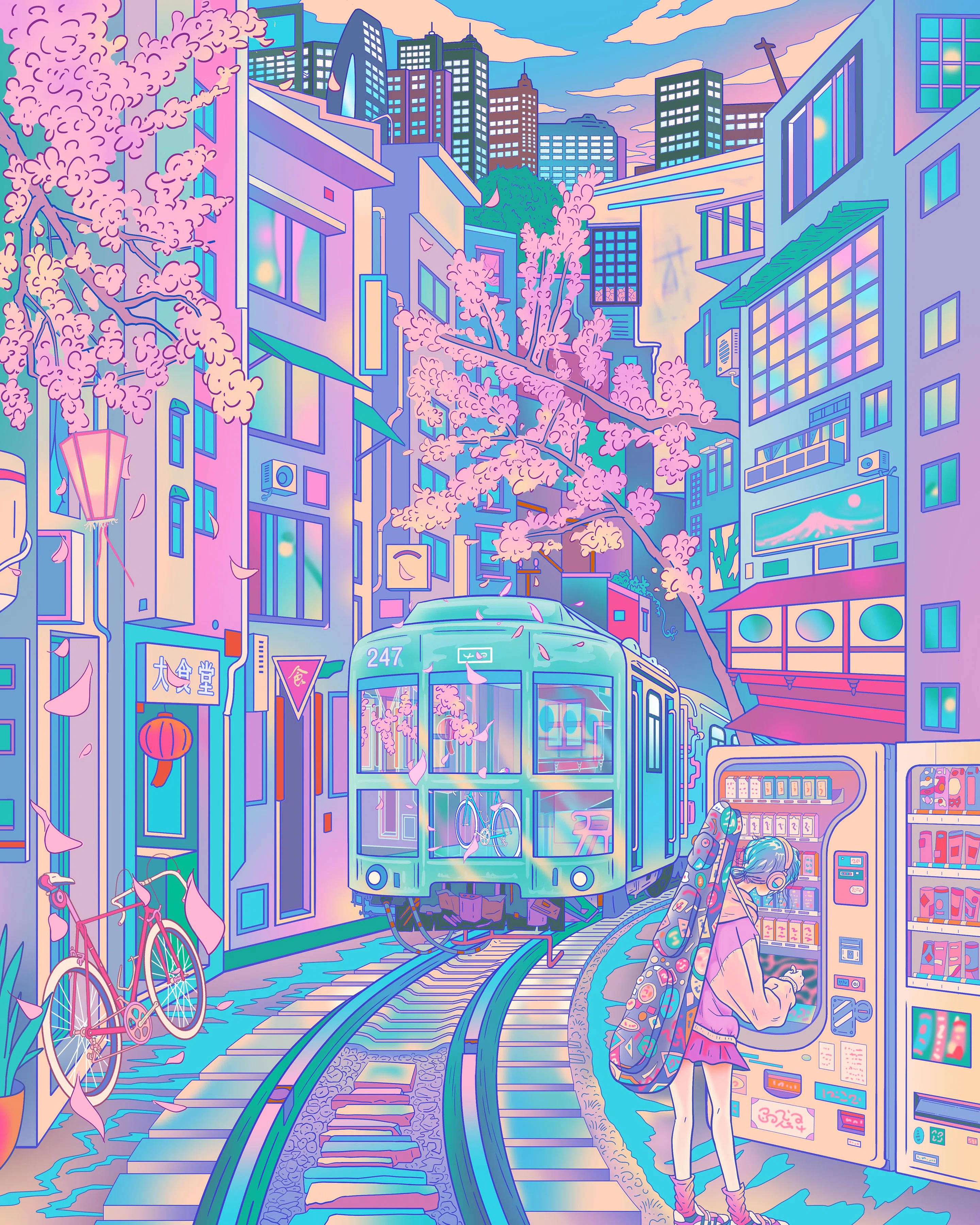 Trein wat 'n Pastel-Japannese Estetiese Stad Binnegaan Muurpapier