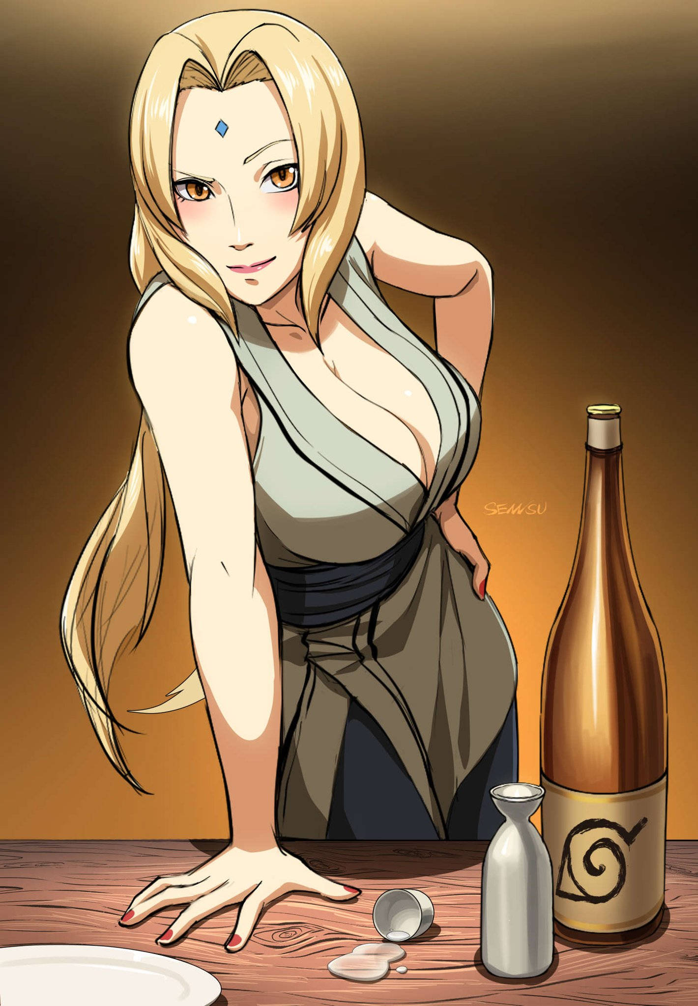 Tsunade met 'n Bottel Alkohol Muurpapier